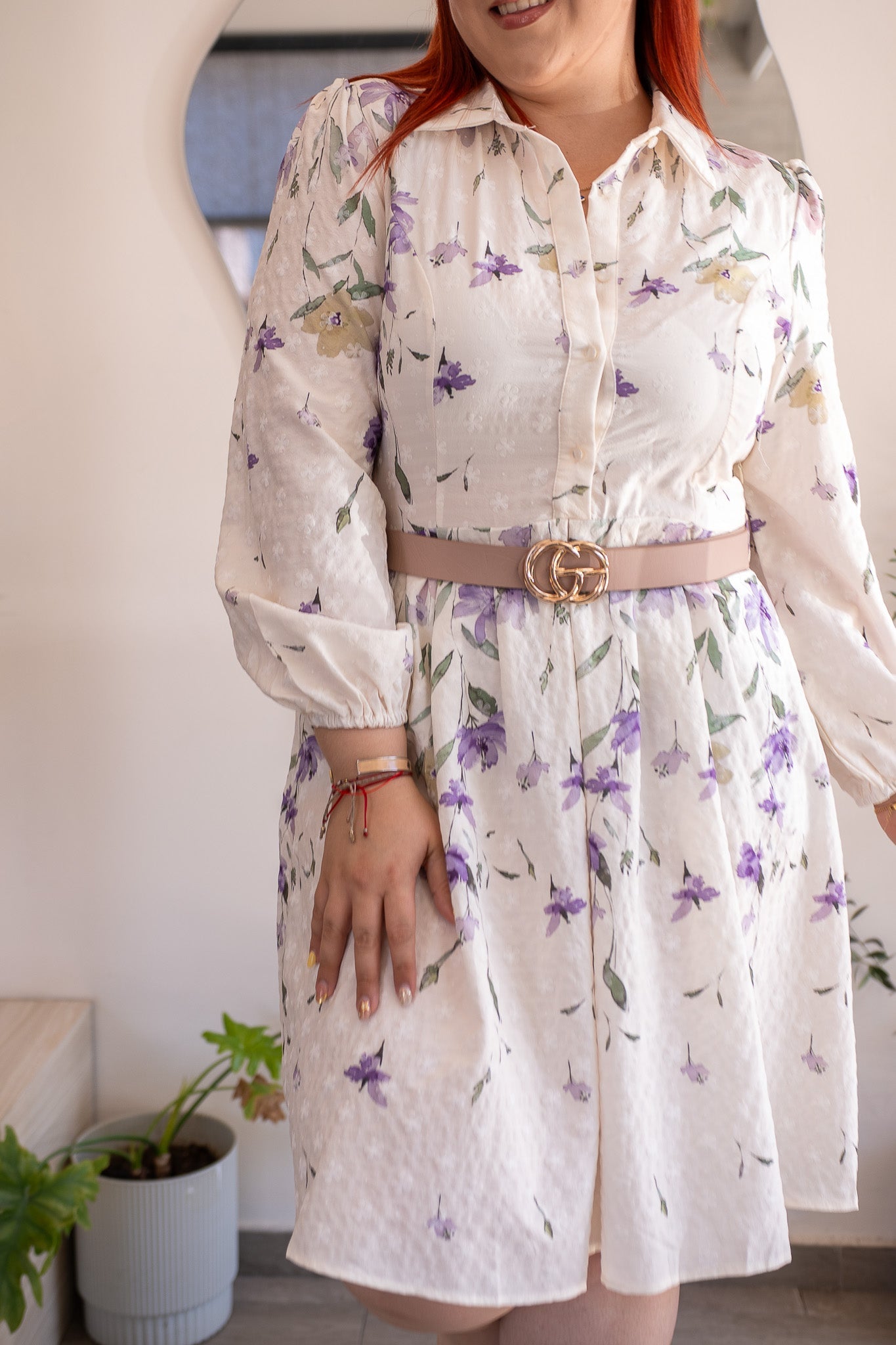 Vestido Curvy Camisero Print Flores con Lazo Cintura Beige