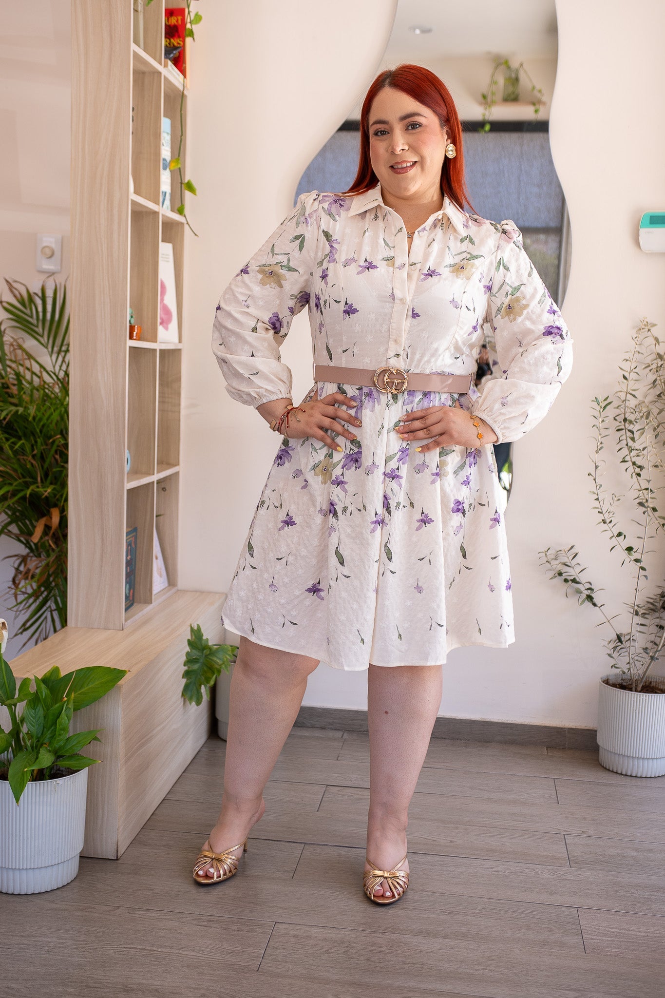 Vestido Curvy Camisero Print Flores con Lazo Cintura Beige