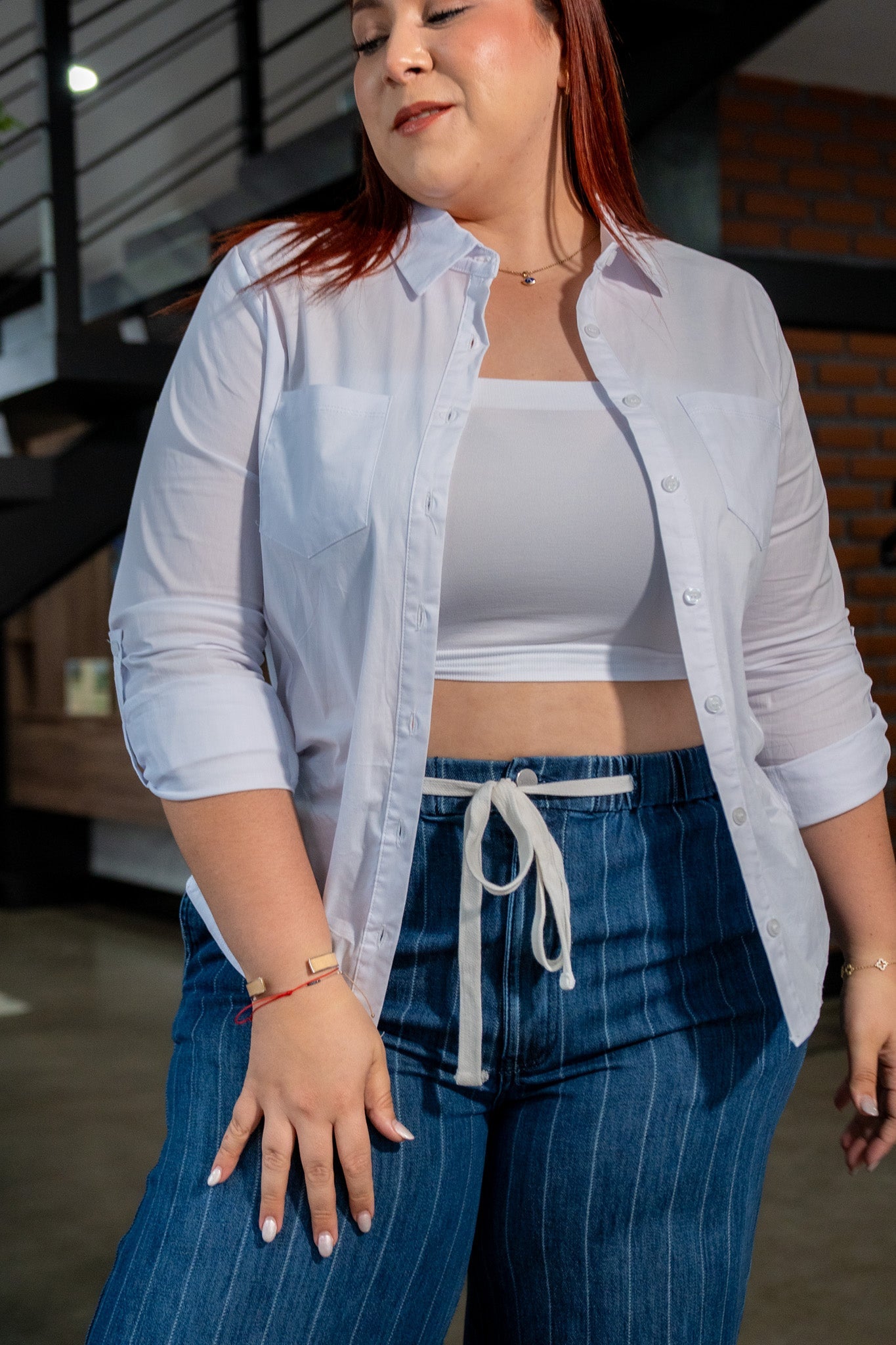 Camisa Curvy Lisa Stretch Manga Larga Blanca