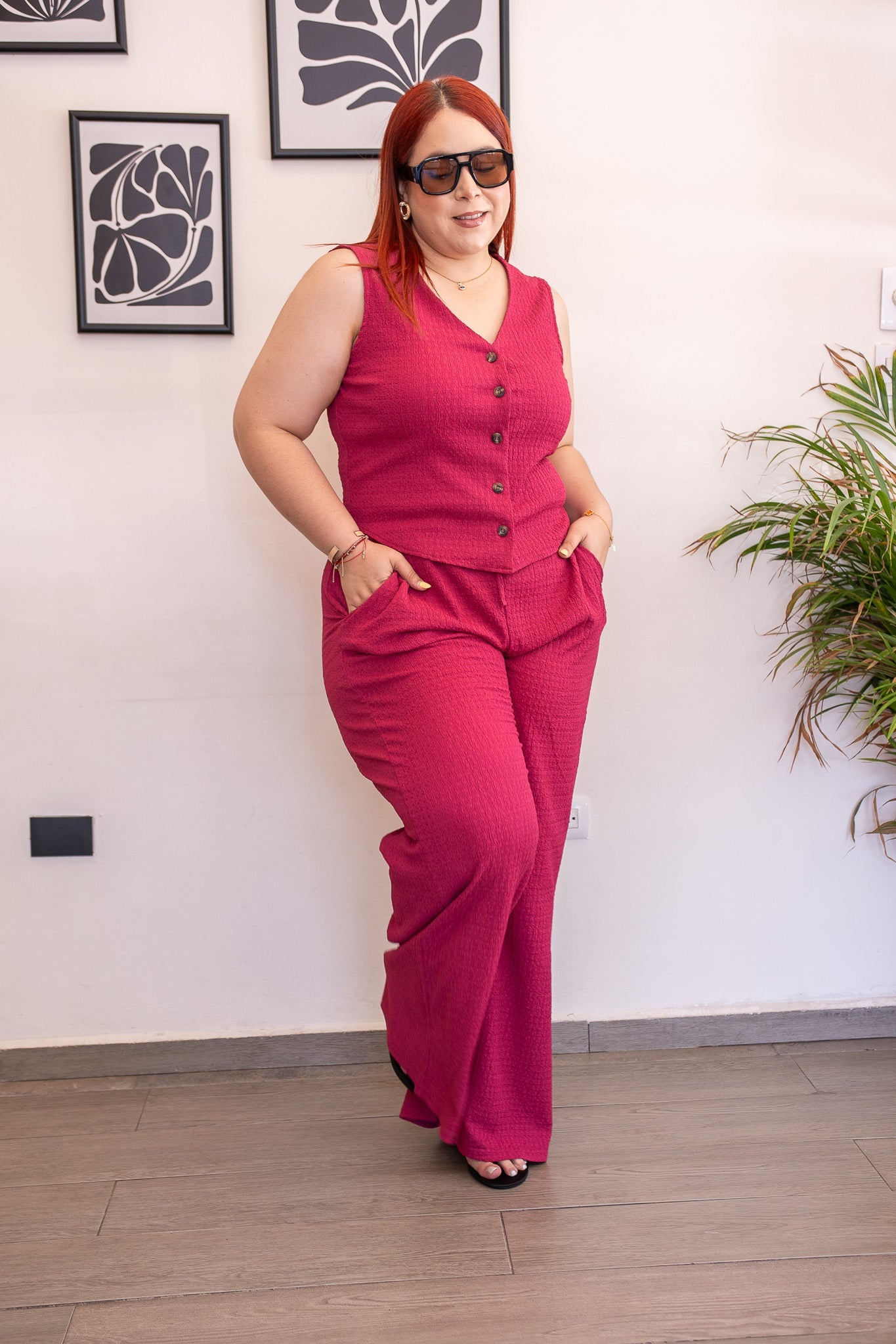 Set Curvy Pantalón y Chaleco Tejido Canalado Magenta