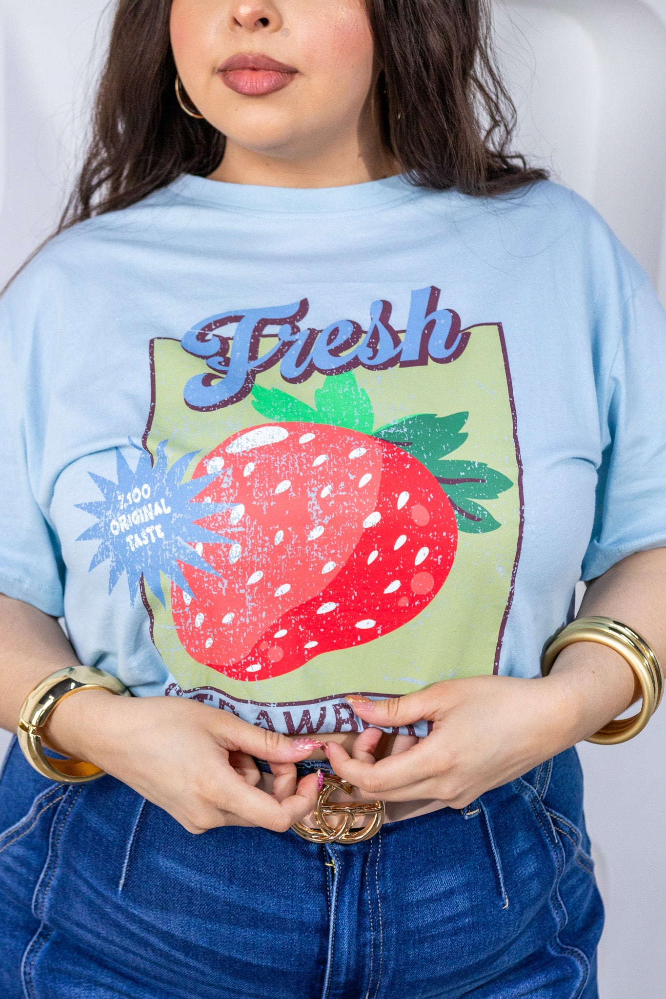 Playera Curvy Oversize Fresh Strawberry Vibes Azul Cielo