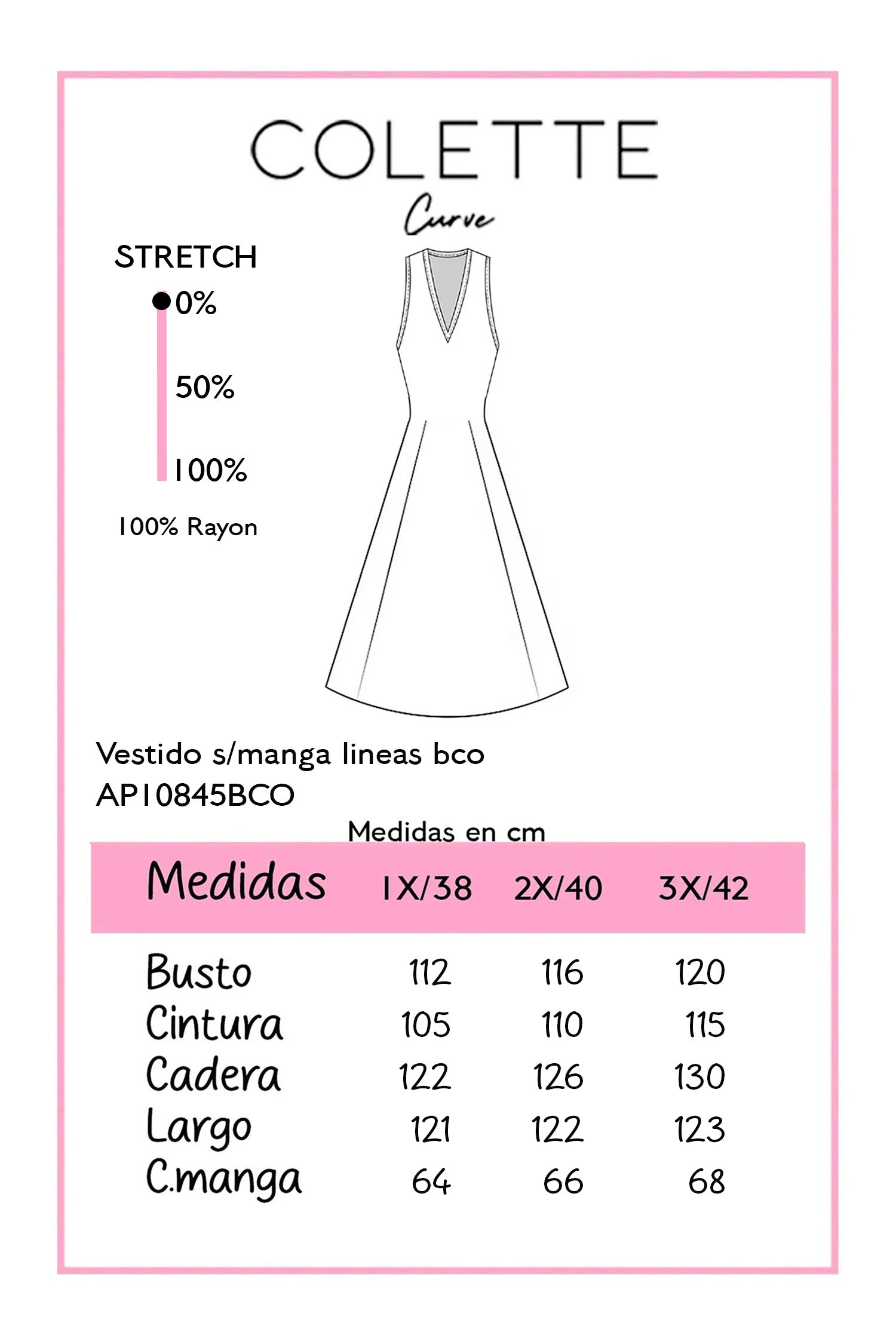 Chart de medidas Vestido Curvy Sin Manga con Lineas Blanco