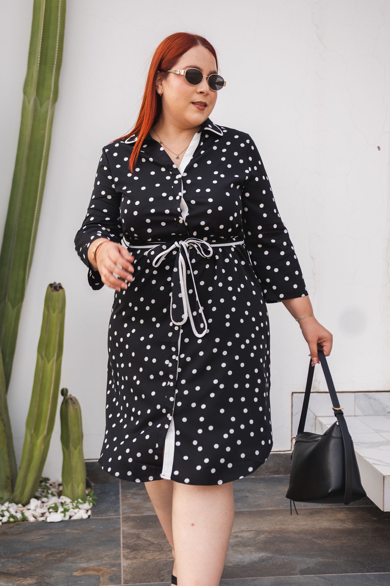 Vestido Camisero Polka con Lazo Curvy Negro