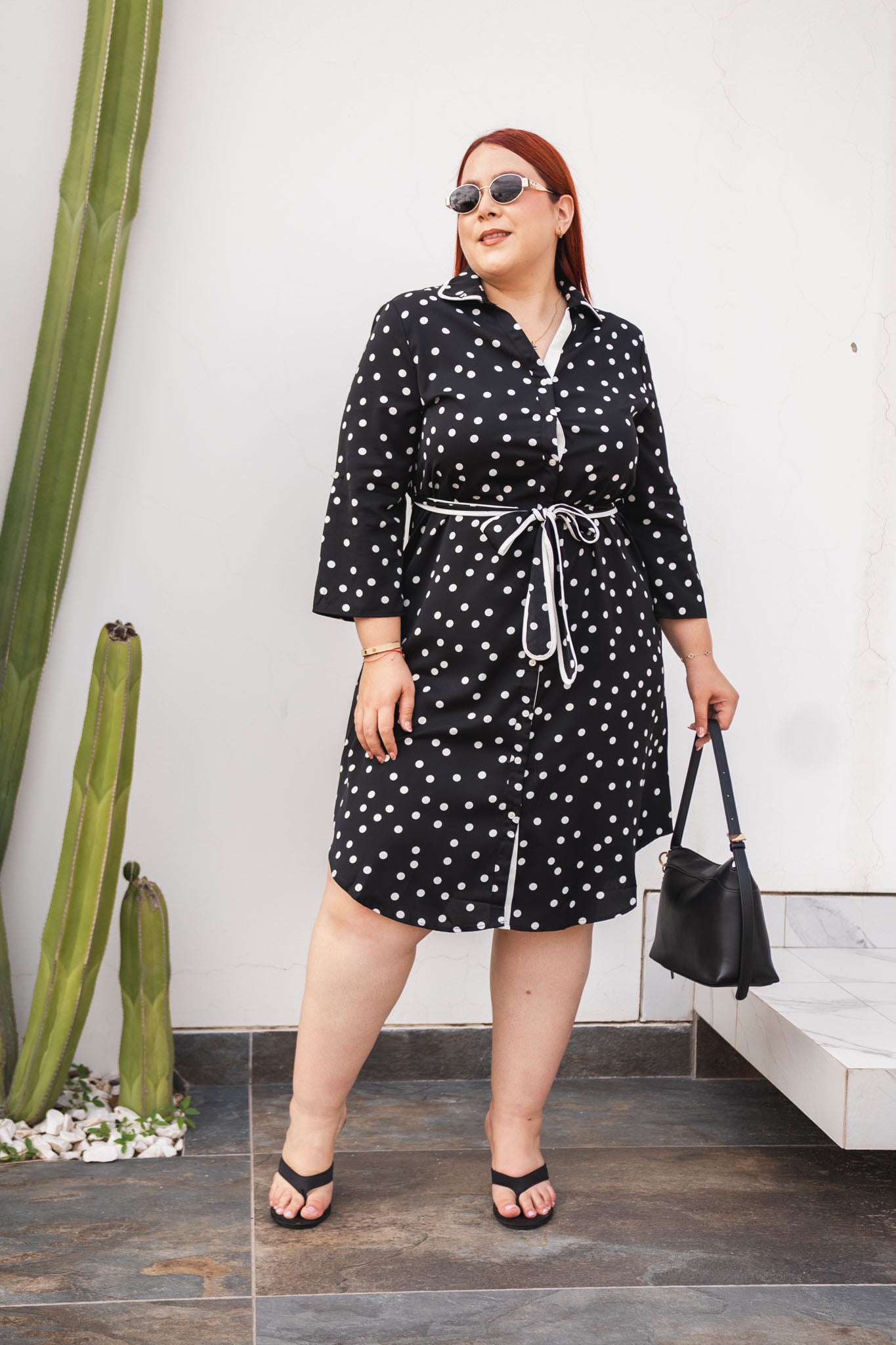 Vestido Camisero Polka con Lazo Curvy Negro