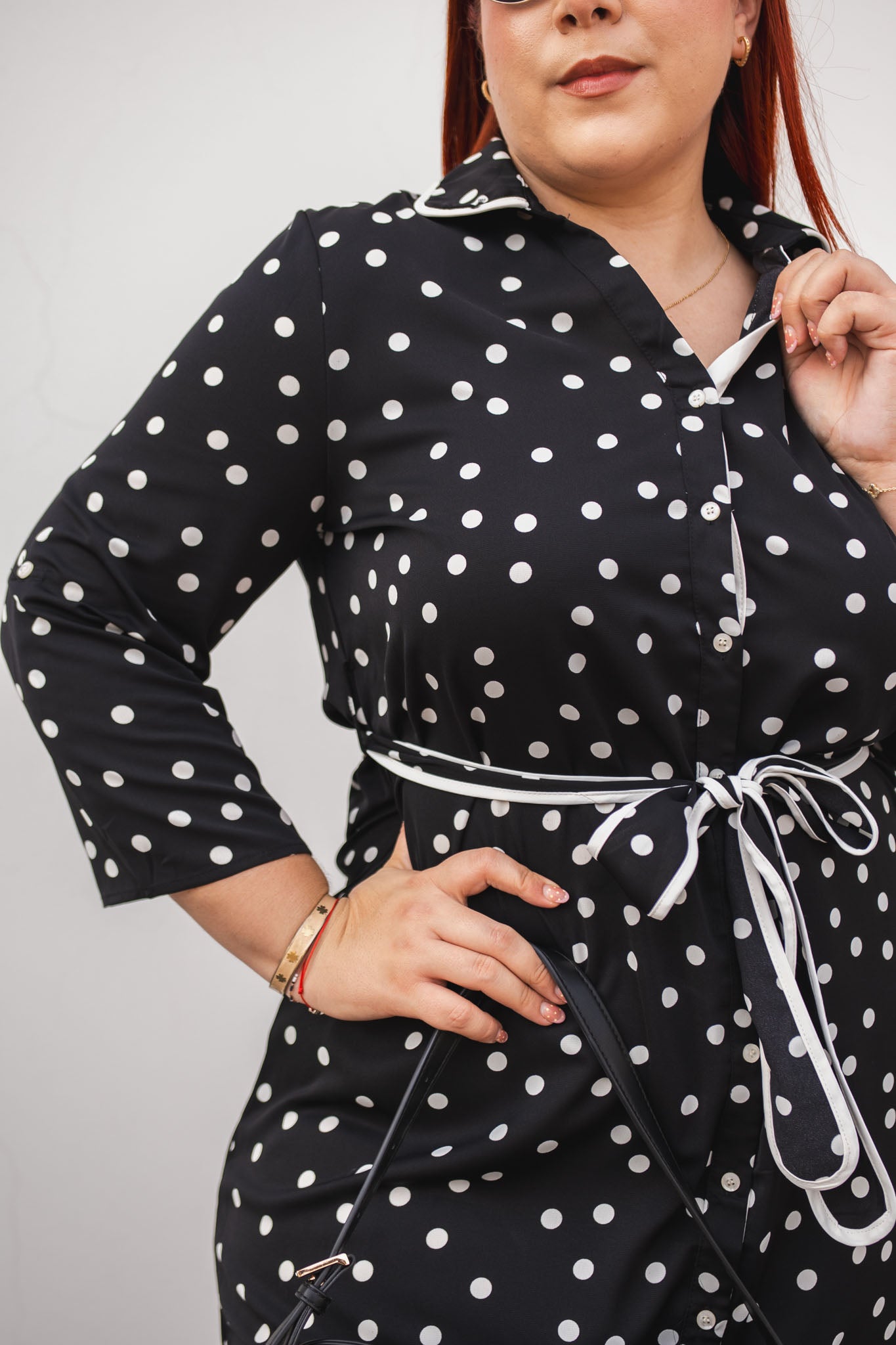 Vestido Camisero Polka con Lazo Curvy Negro
