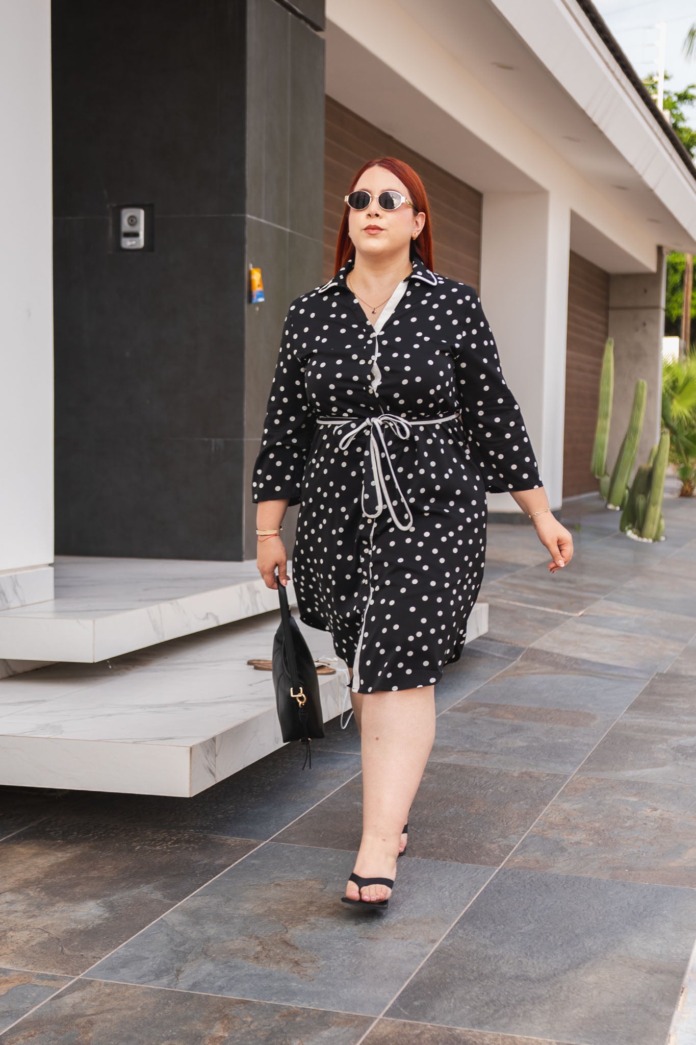 Vestido Camisero Polka con Lazo Curvy Negro