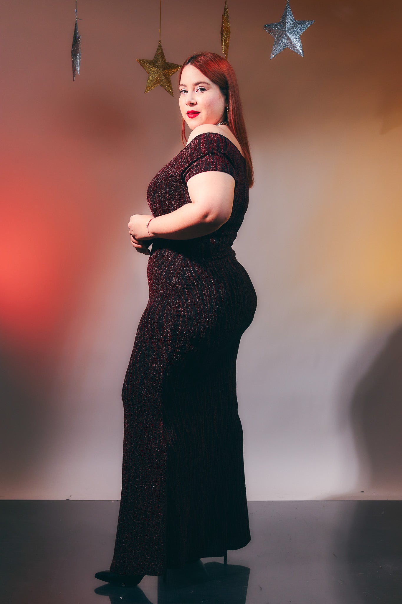Maxi Vestido con Brillos Tinto Plus Size para Mujer