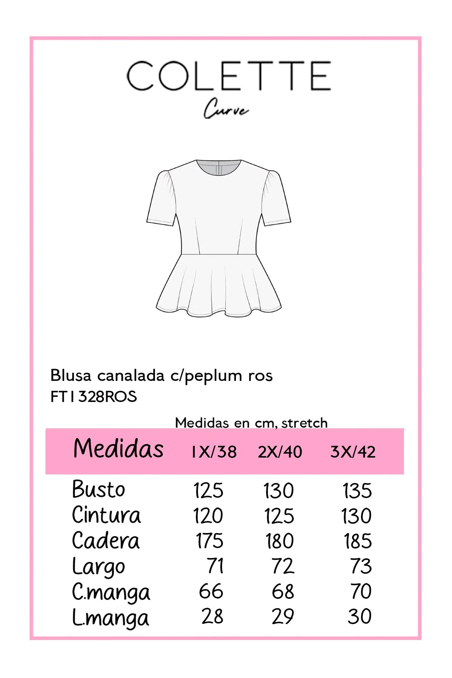 Blusa Curvy Peplum Estampado Pespunte Rosa Palo