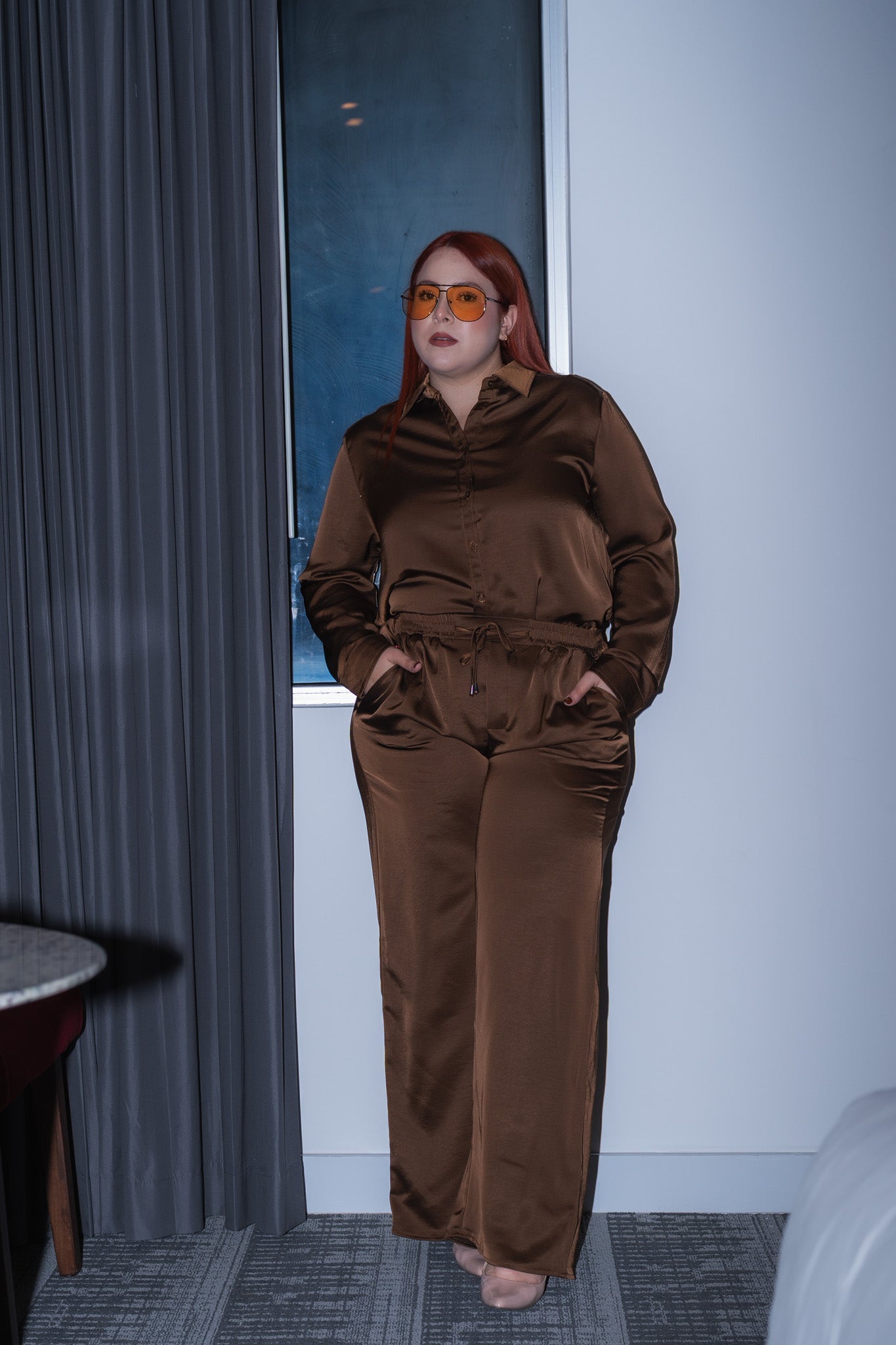 Set pantalon satin cafe