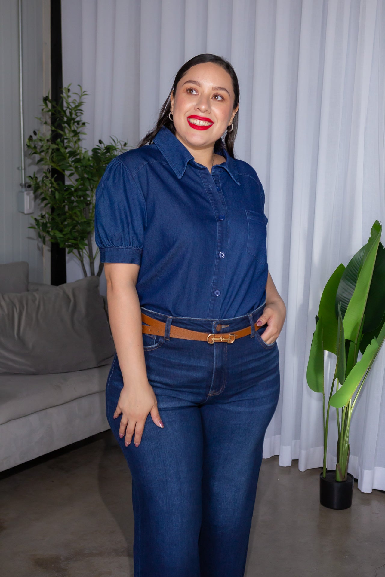 Camisa Denim Azul Oscuro con Manga Abullonada