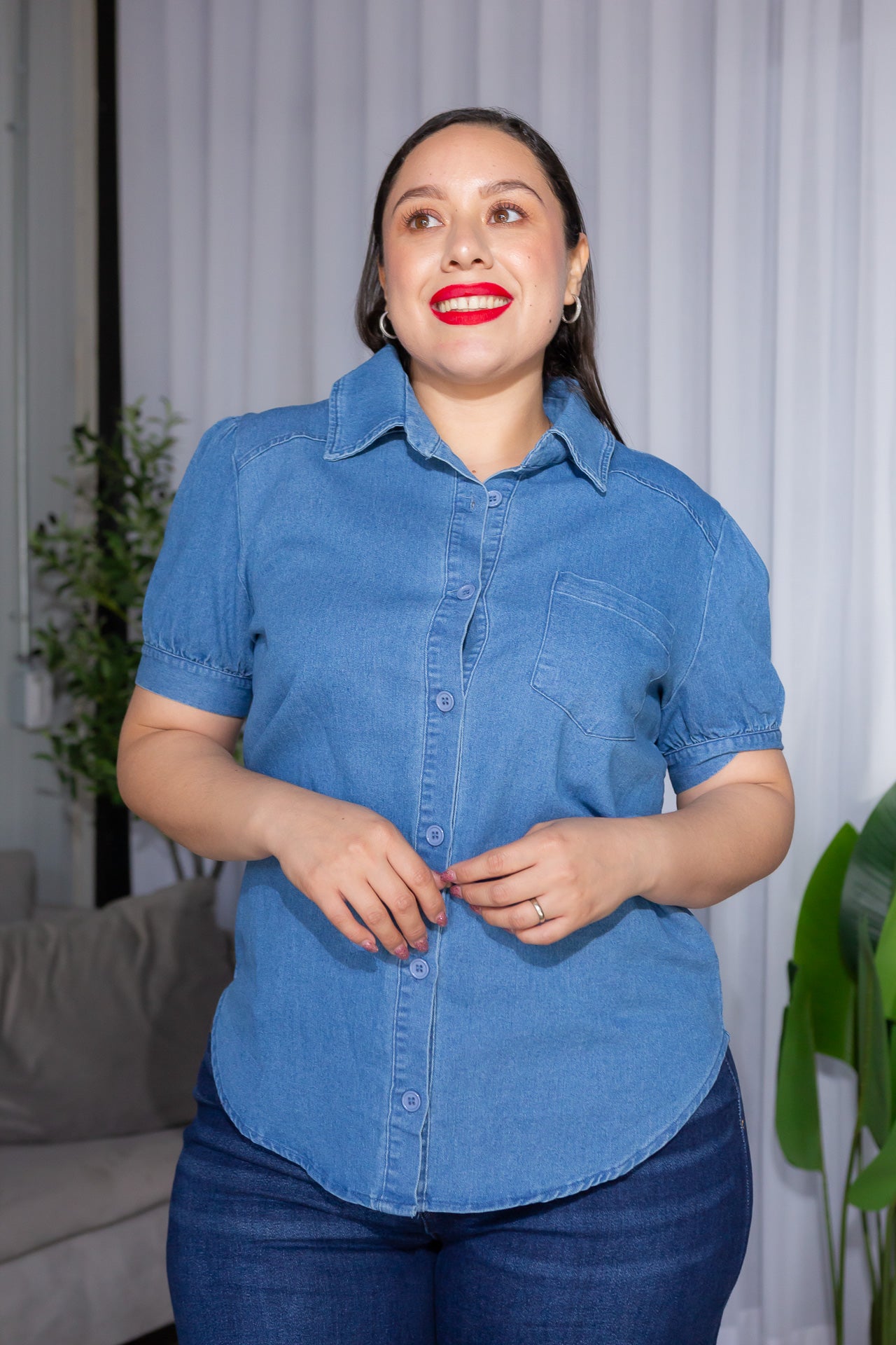 Camisa Denim Manga Abullonada