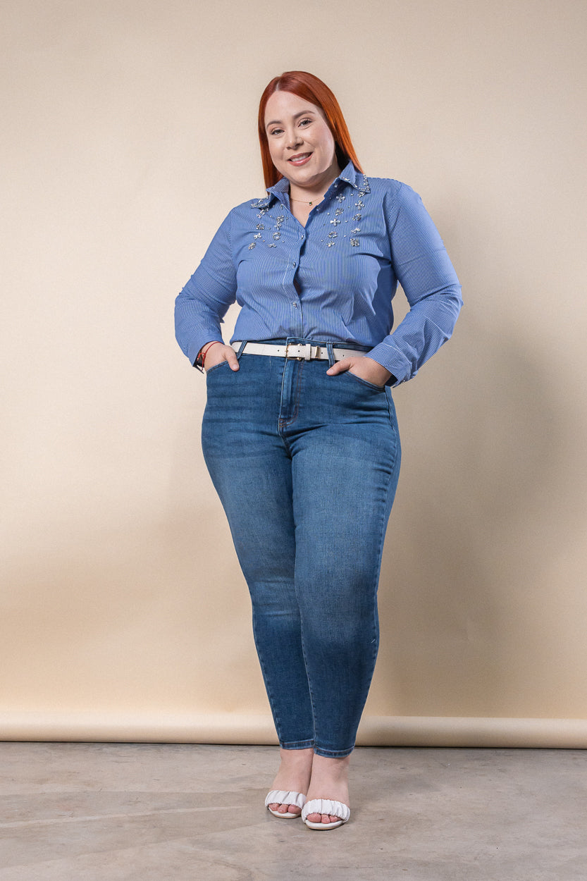 Striped shirt with blue stones