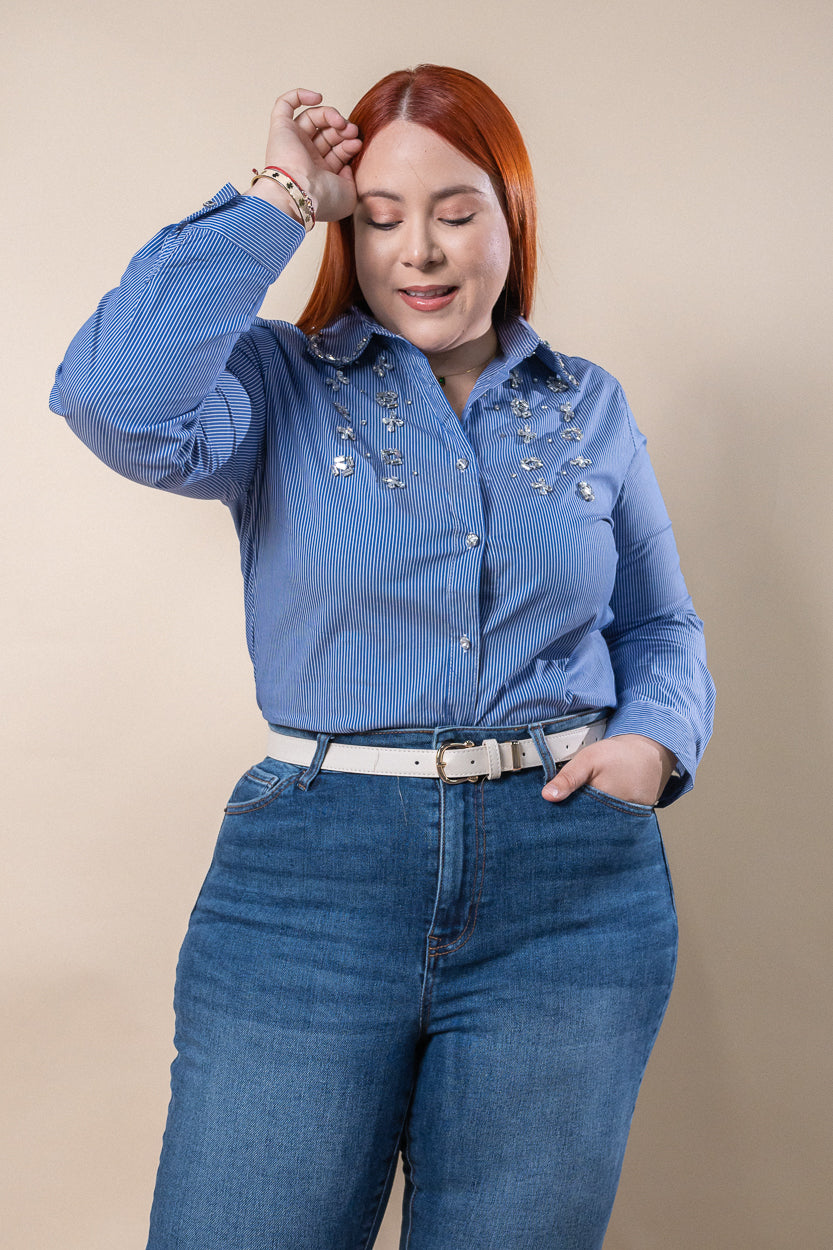 Striped shirt with blue stones