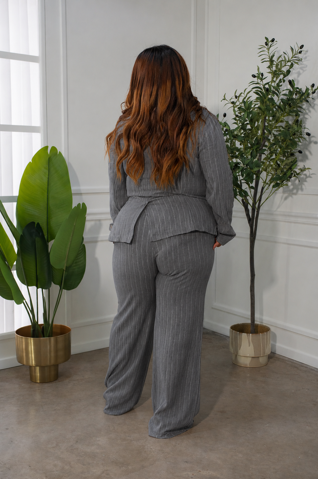 Set Pantalón Formal de Lino Rayas Gris Plus Size para Mujer