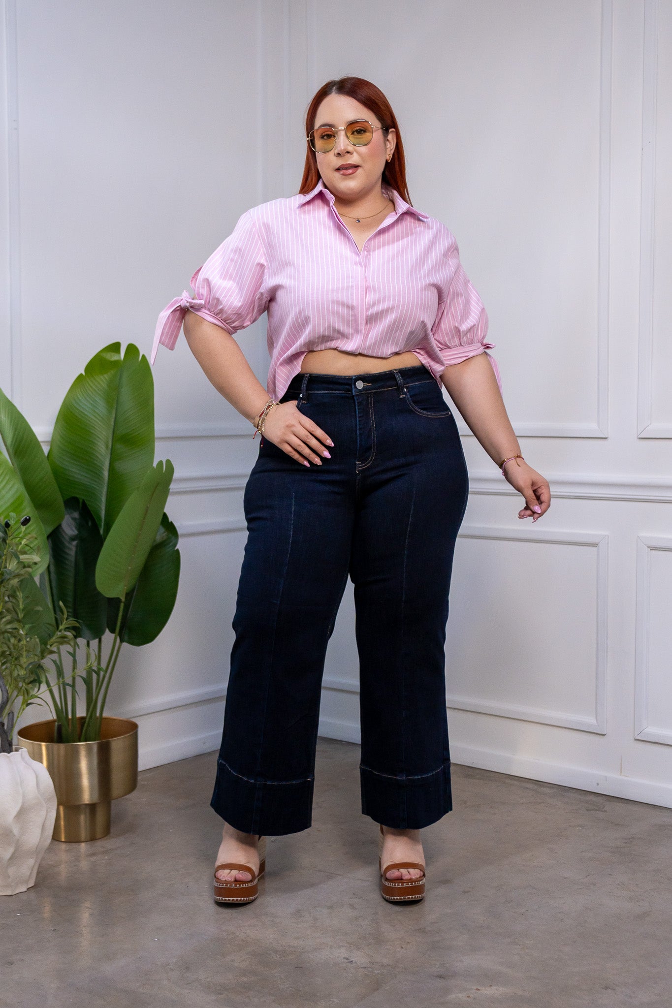 Camisa crop lineas rosa