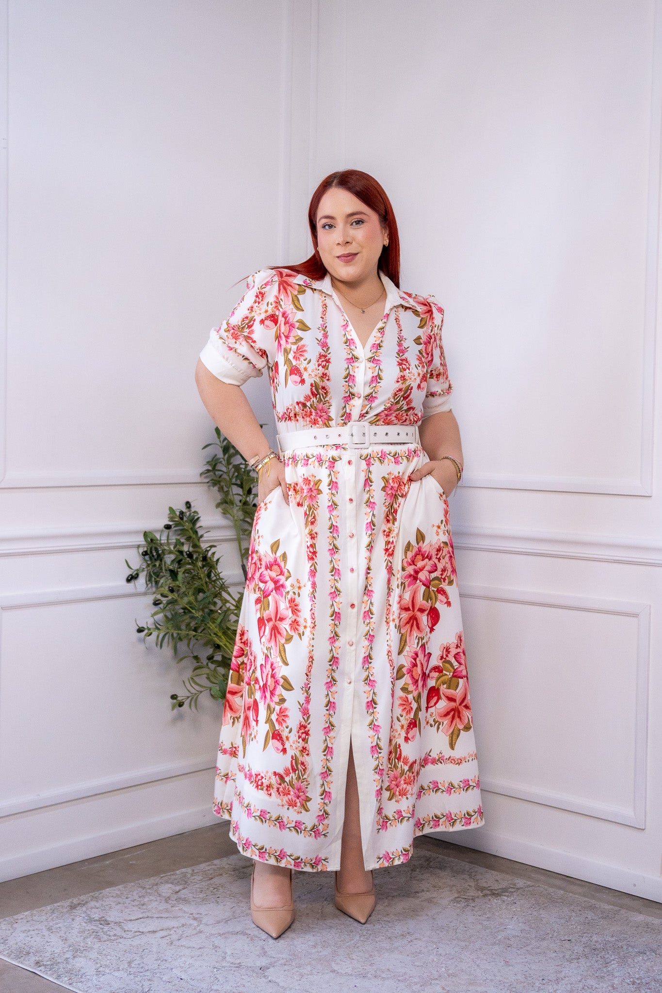 Maxi vestido camisero floral beige