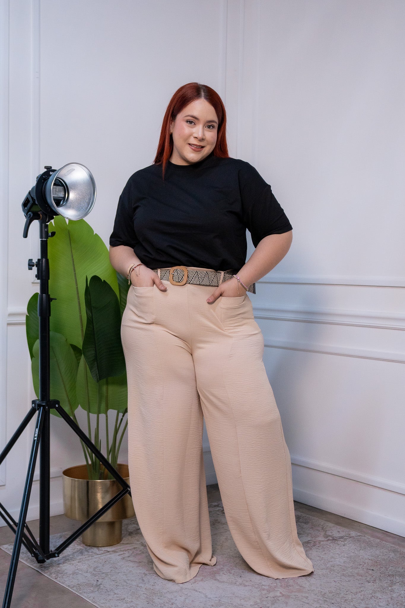 Pantalon bei casual holgado cintura elastica y bolsillos para oficina, playa. Incluye cinto