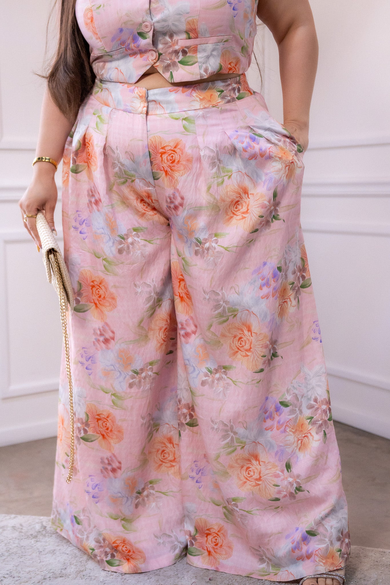 Conjunto Curvy Pantalón y Blusa Halter Lino Floral Fresco
