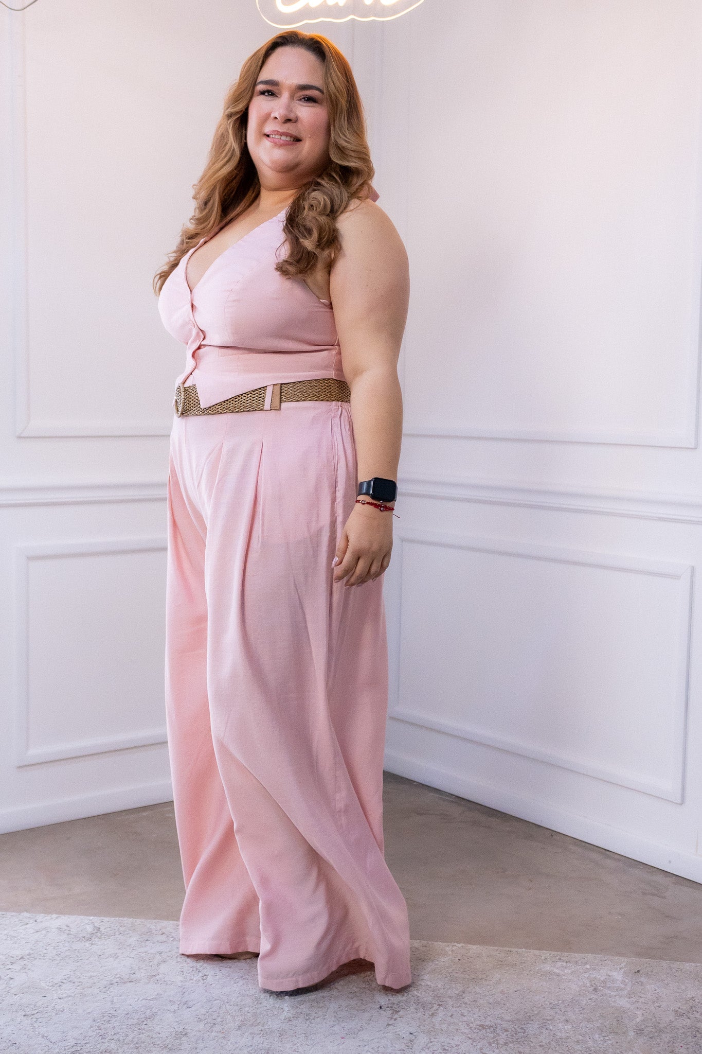 Conjunto Curvy Pantalón y Blusa Halter Lino Rosa Femenino