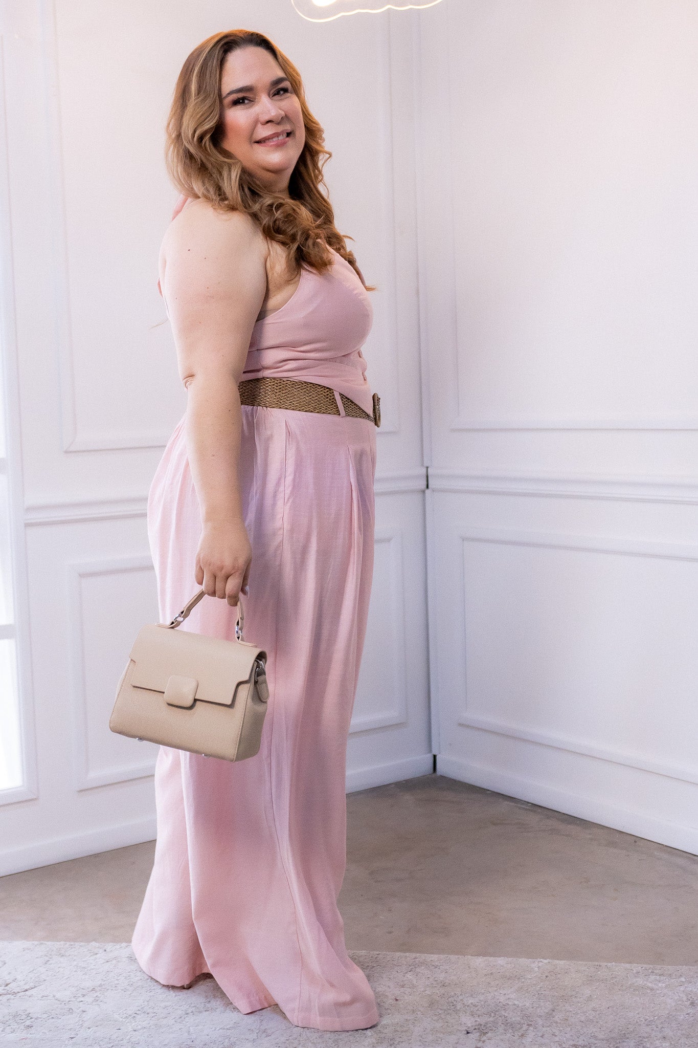 Conjunto Curvy Pantalón y Blusa Halter Lino Rosa Femenino