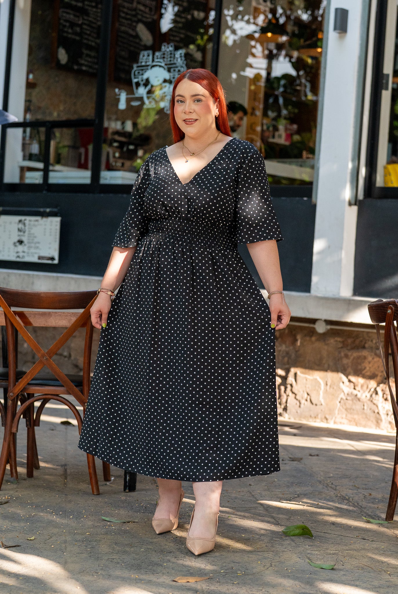 Vestido Curvy Largo Polka Dots Manga Campana Cintura Elástica