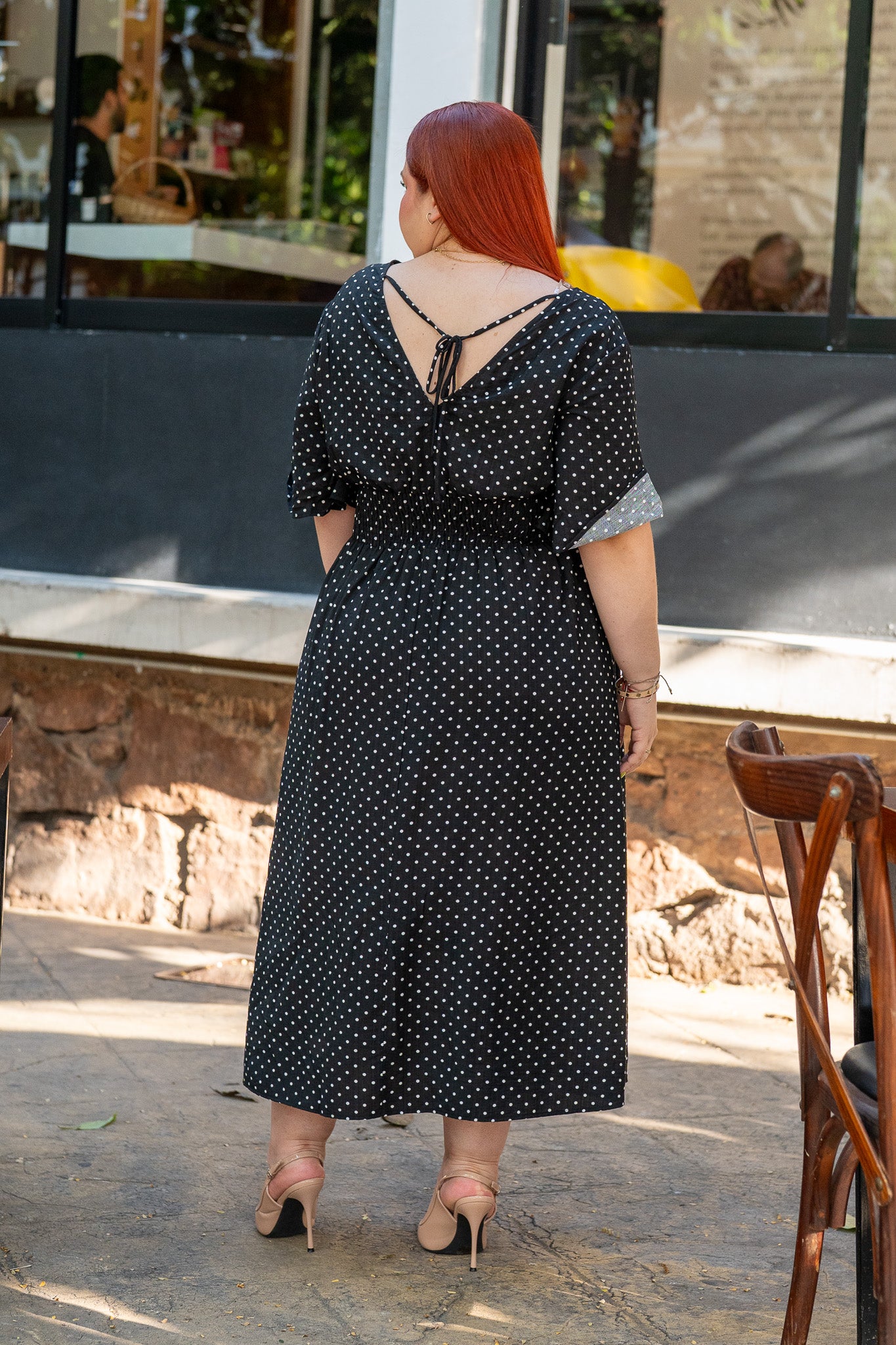 Vestido Curvy Largo Polka Dots Manga Campana Cintura Elástica