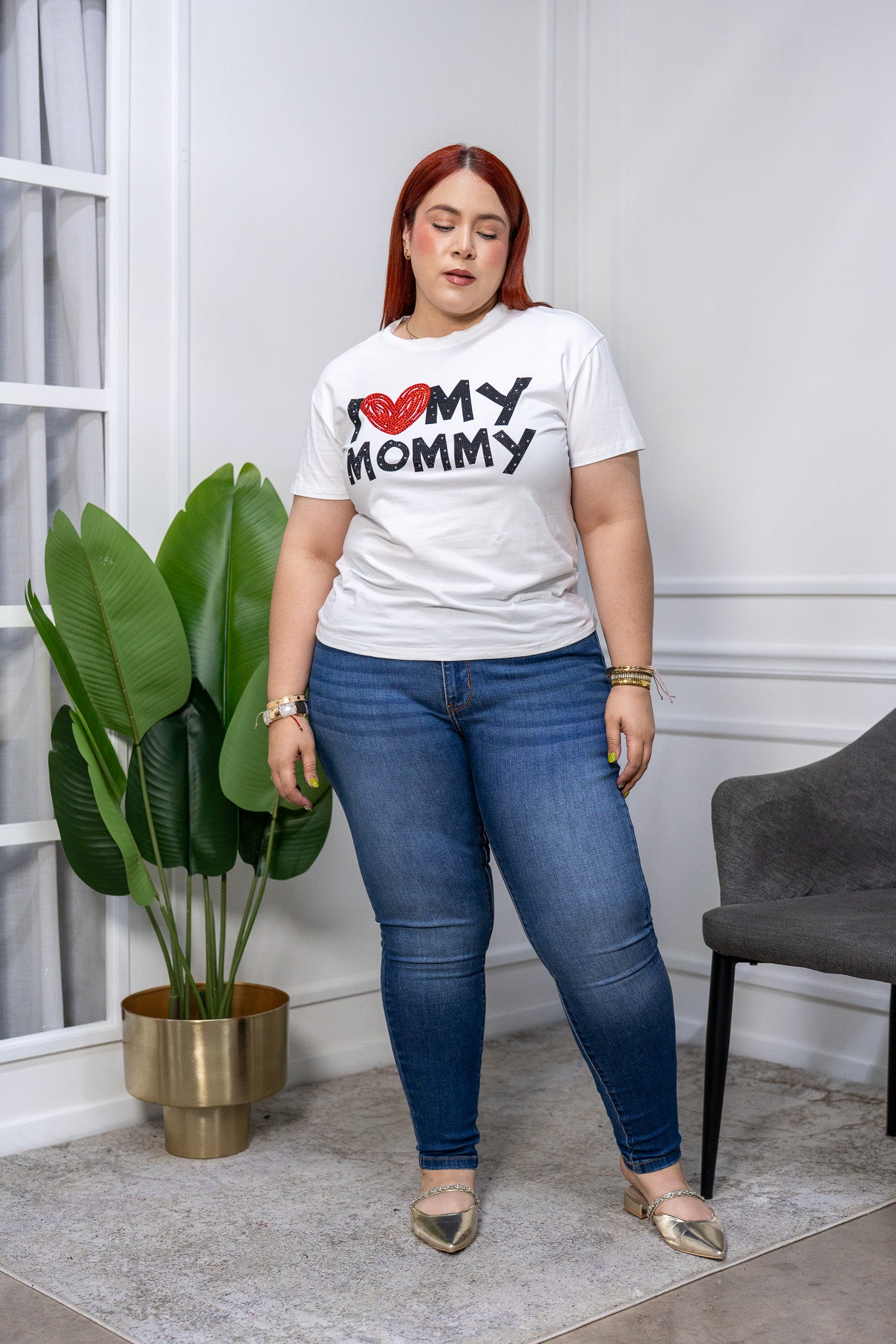 Playera Curvy I Love Mom con Brillos Blanca Regalo Mamá