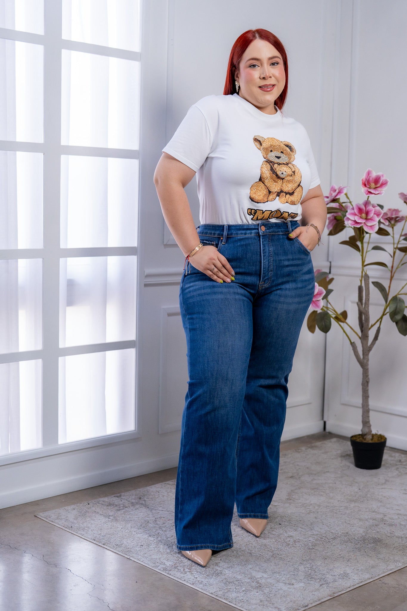 Jeans Rectos Curvy Azul Medio con Tiro Alto y Ajuste Stretch