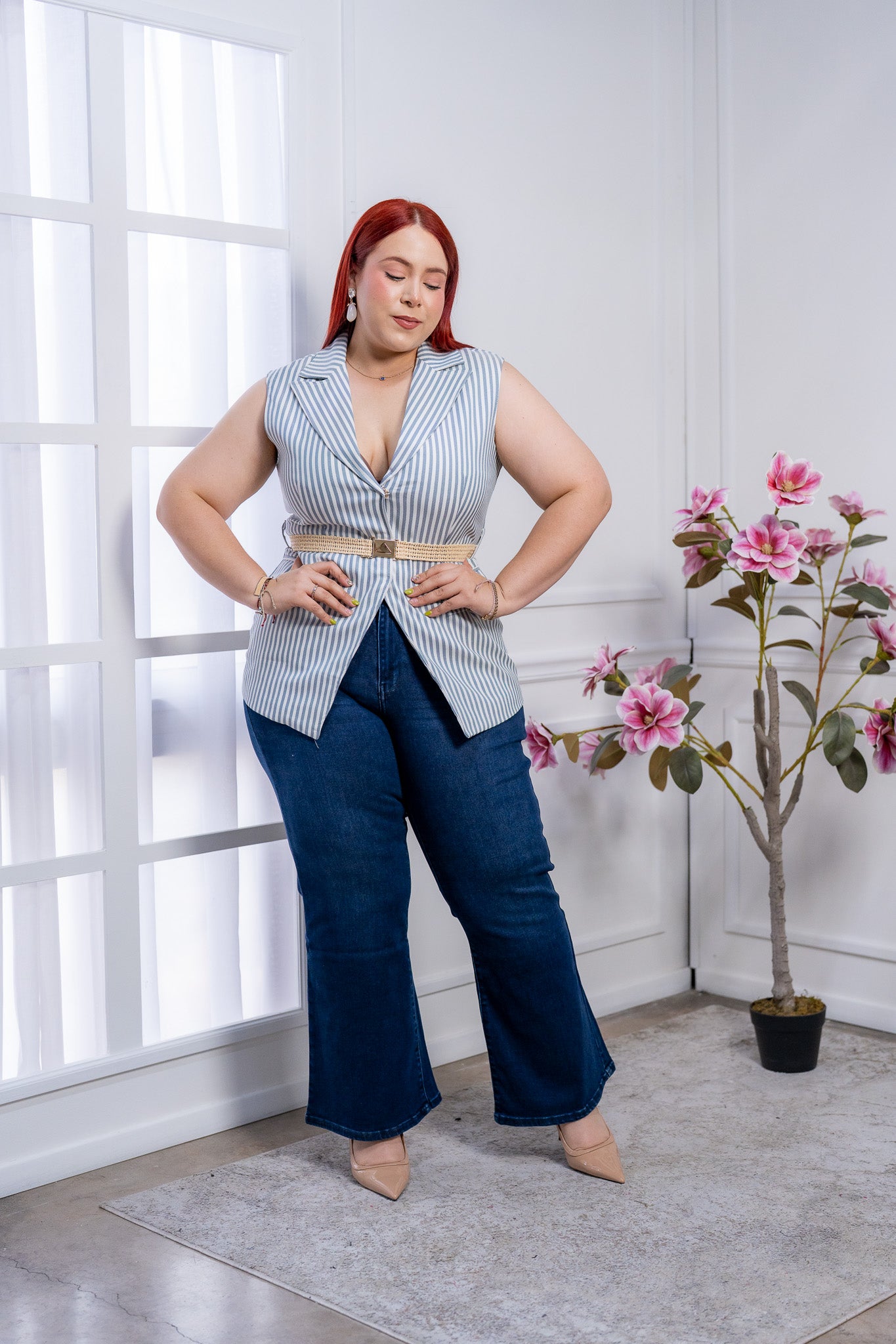 CHALECO RAYAS CURVY CON CINTO ESTILIZADOR