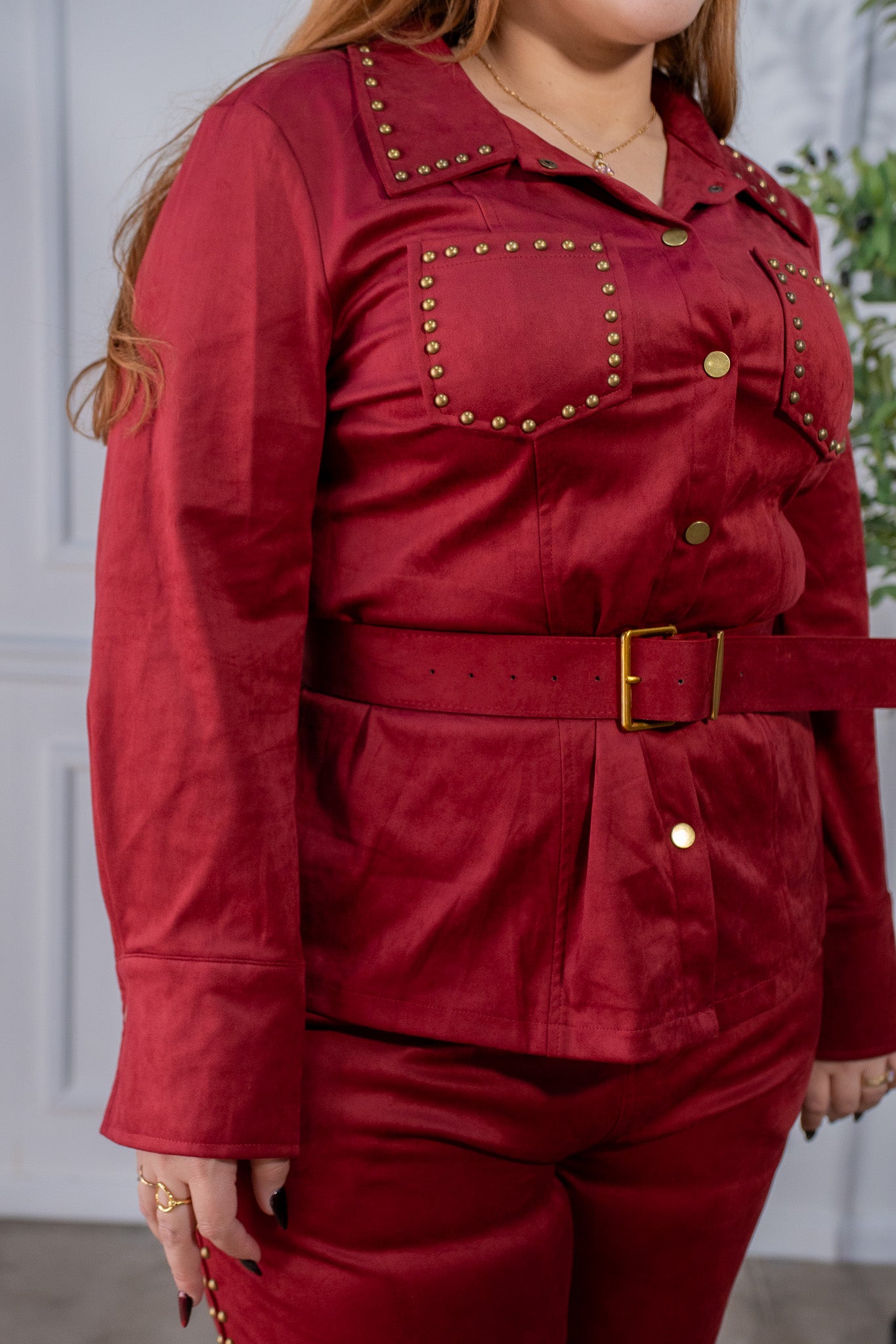 Set Pantalón de Gamuza con Estoperoles Tinto Plus Size para Mujer