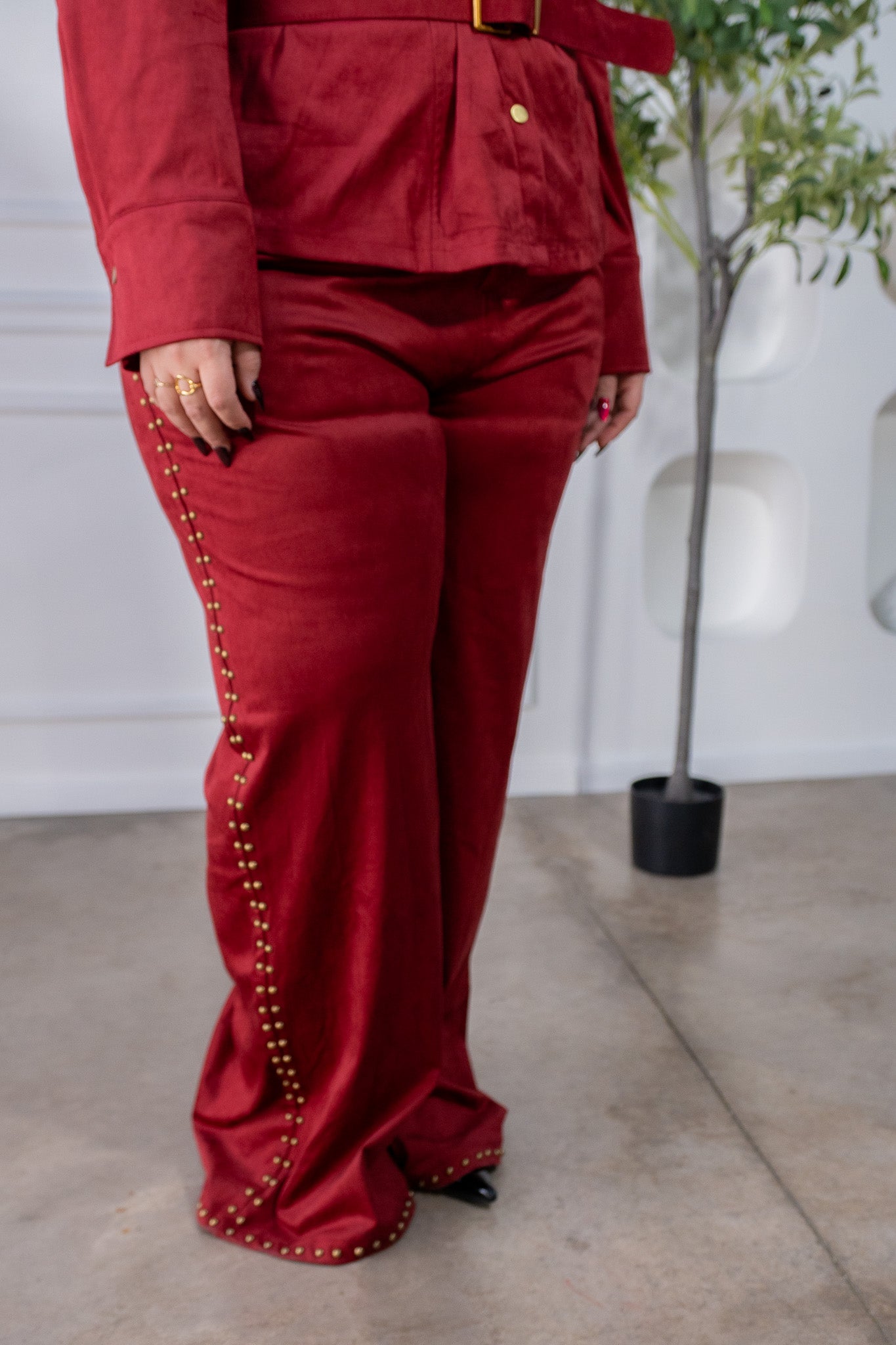 Set Pantalón de Gamuza con Estoperoles Tinto Plus Size para Mujer