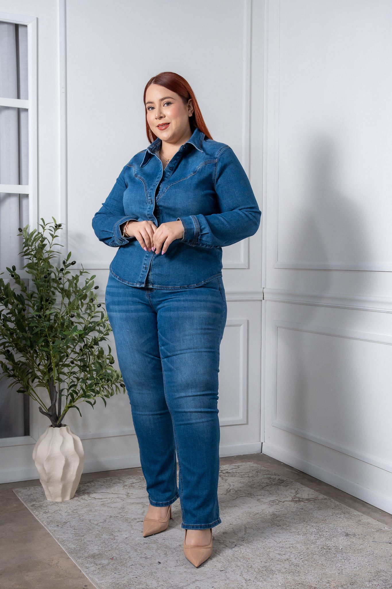 Denim shirt with dark pleats