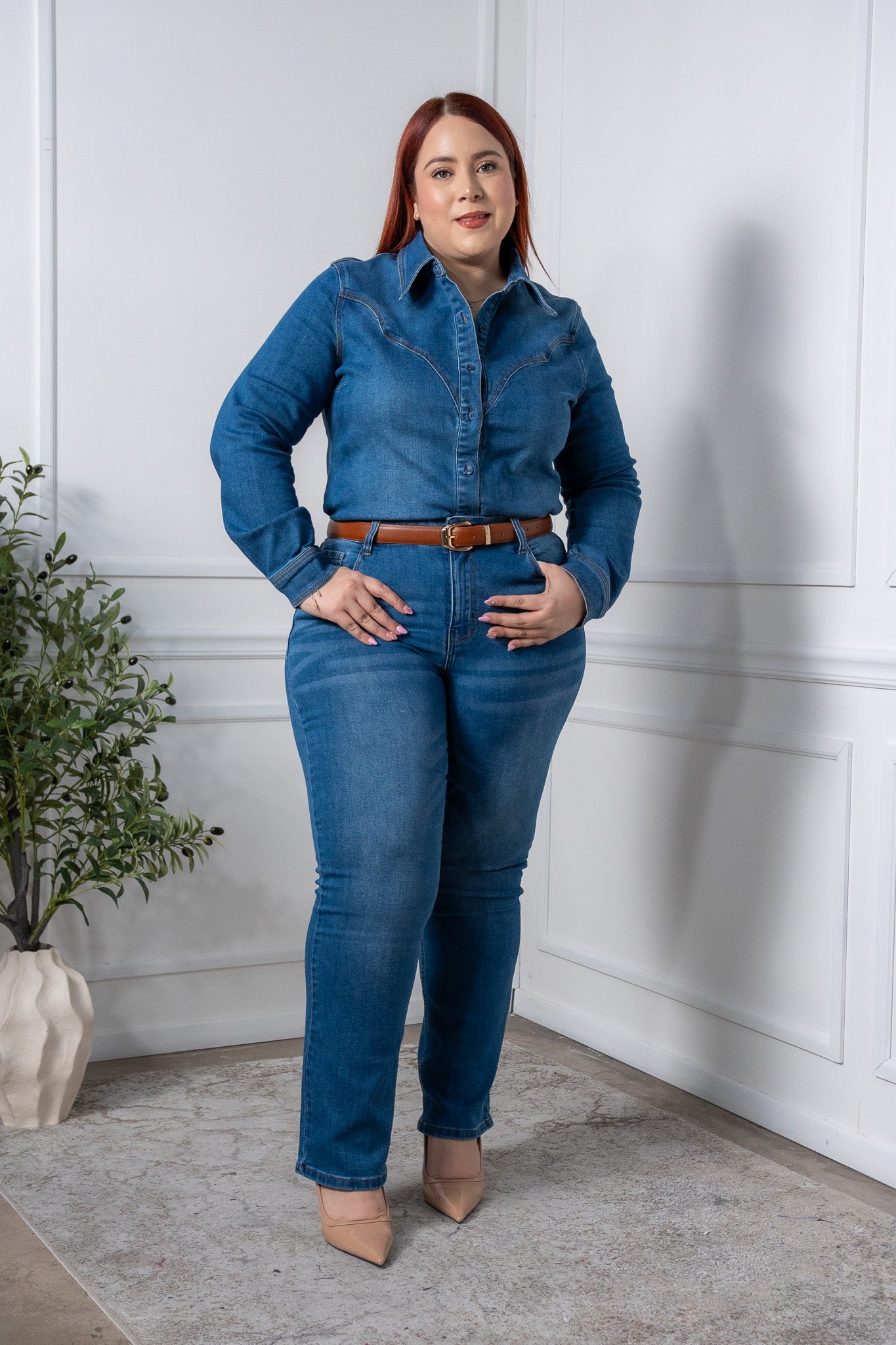 Denim shirt with dark pleats