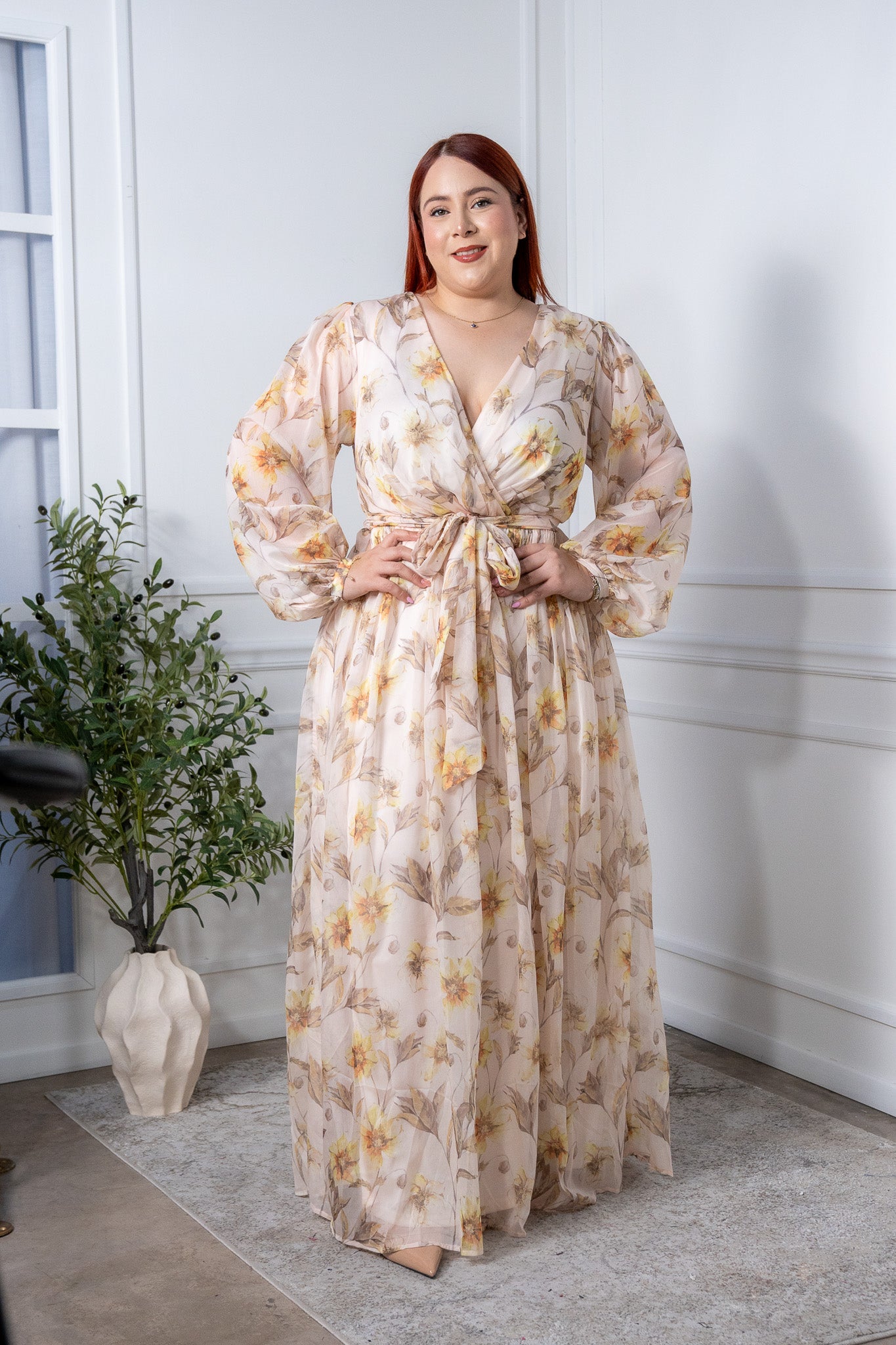 Maxi vestido gasa floral bei