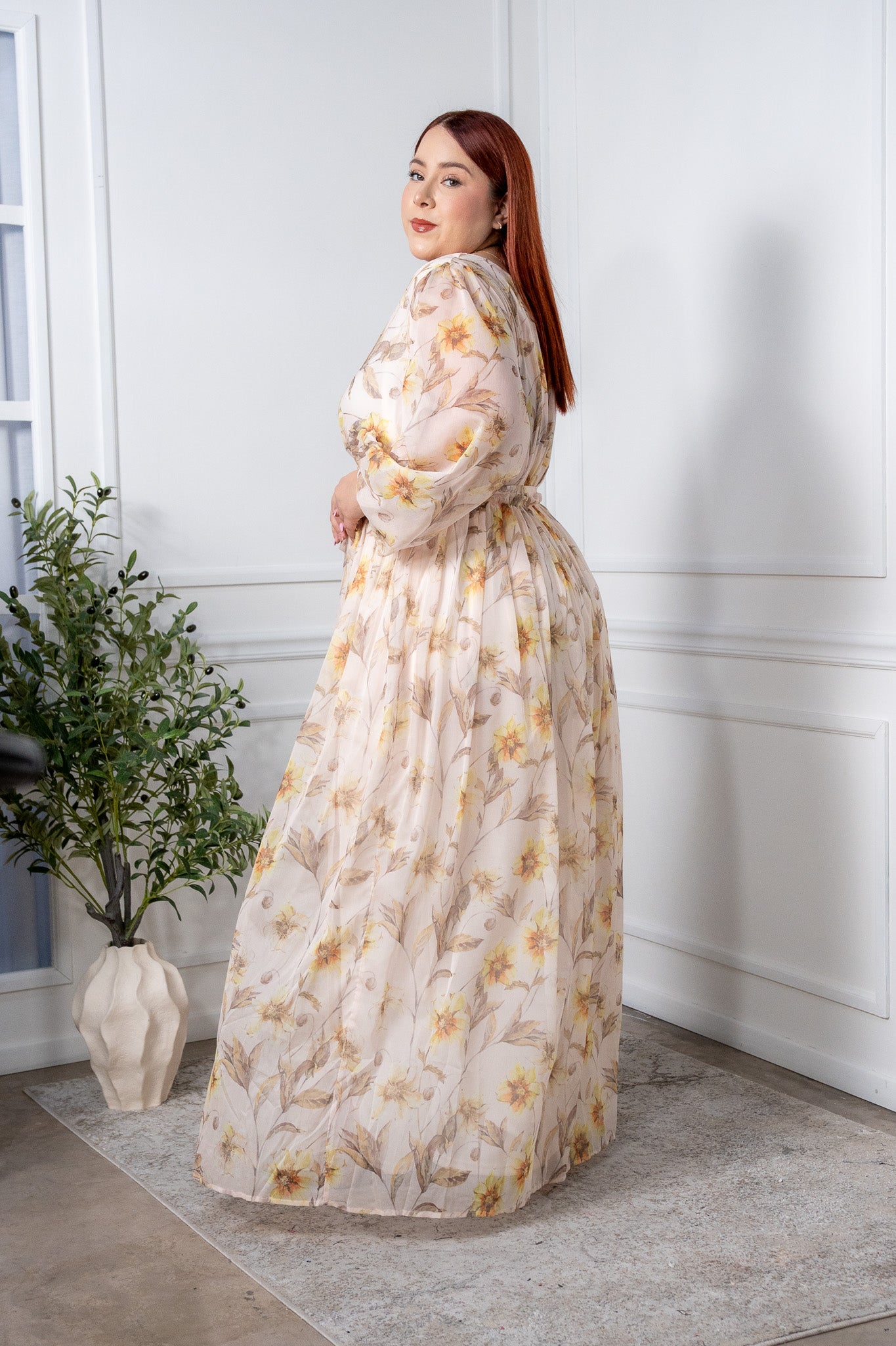 Maxi vestido gasa floral bei