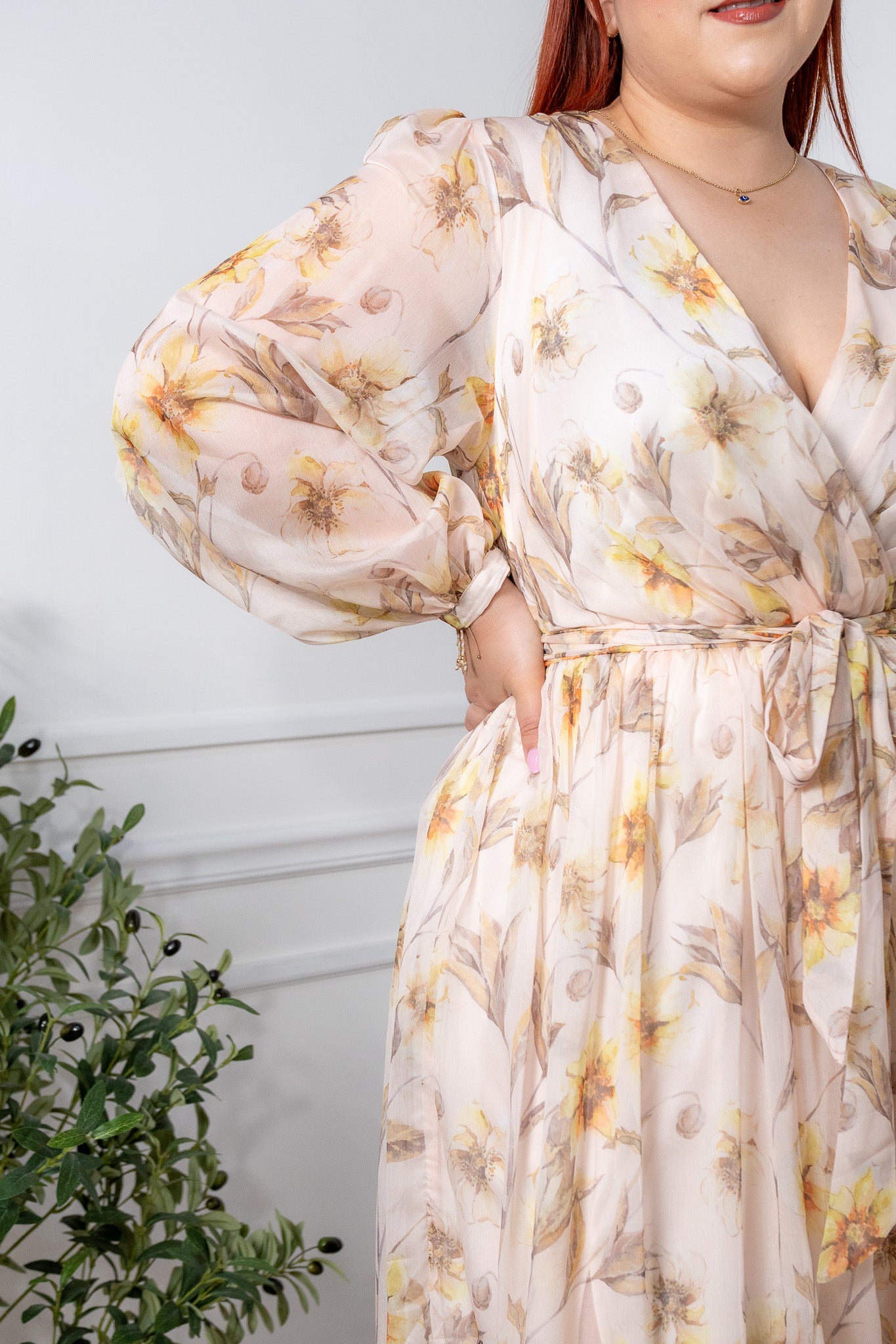 Maxi vestido gasa floral bei