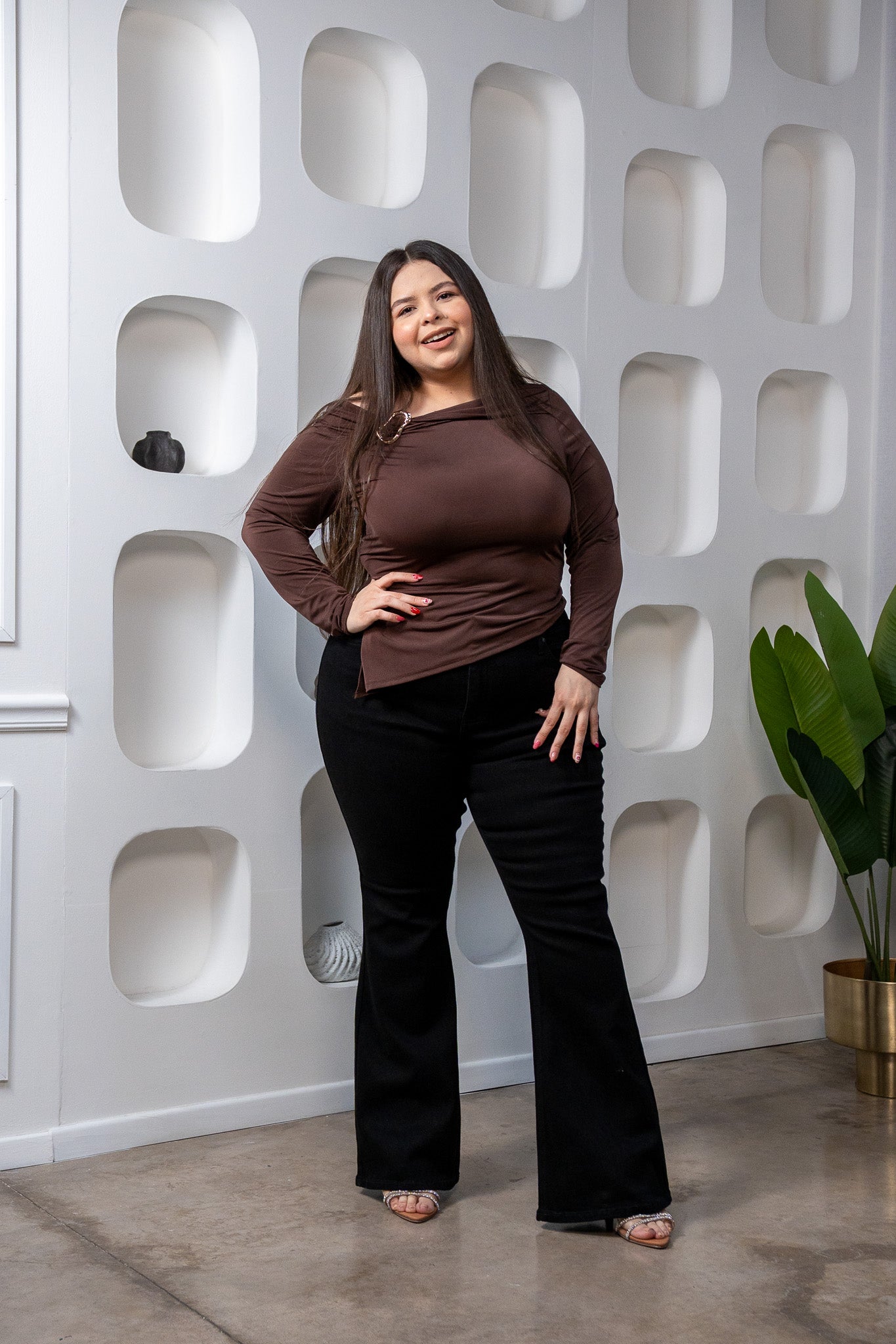 one-shoulder brown blouse