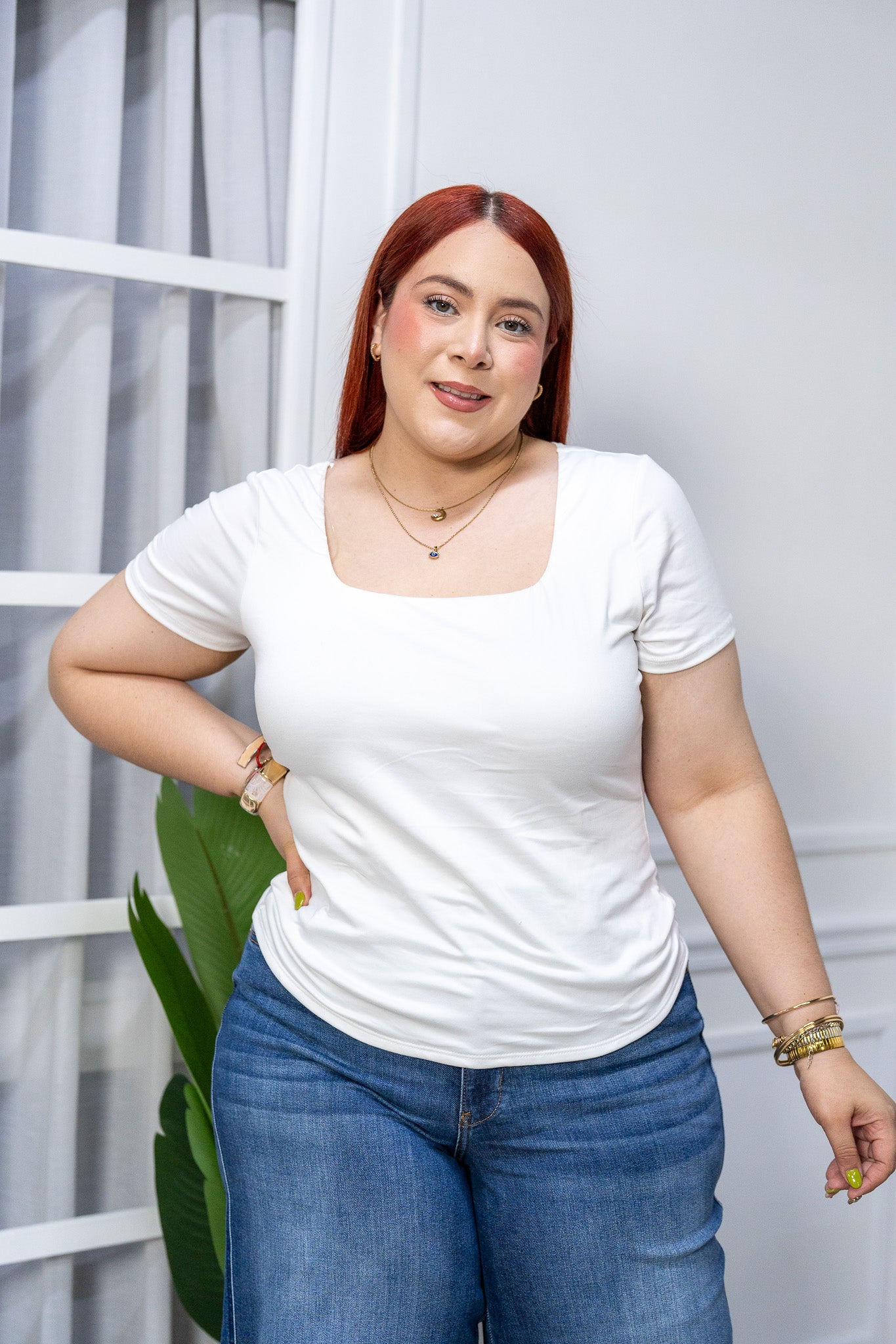 Blusa Curvy Básica Cuello Cuadrado Algodón con Stretch