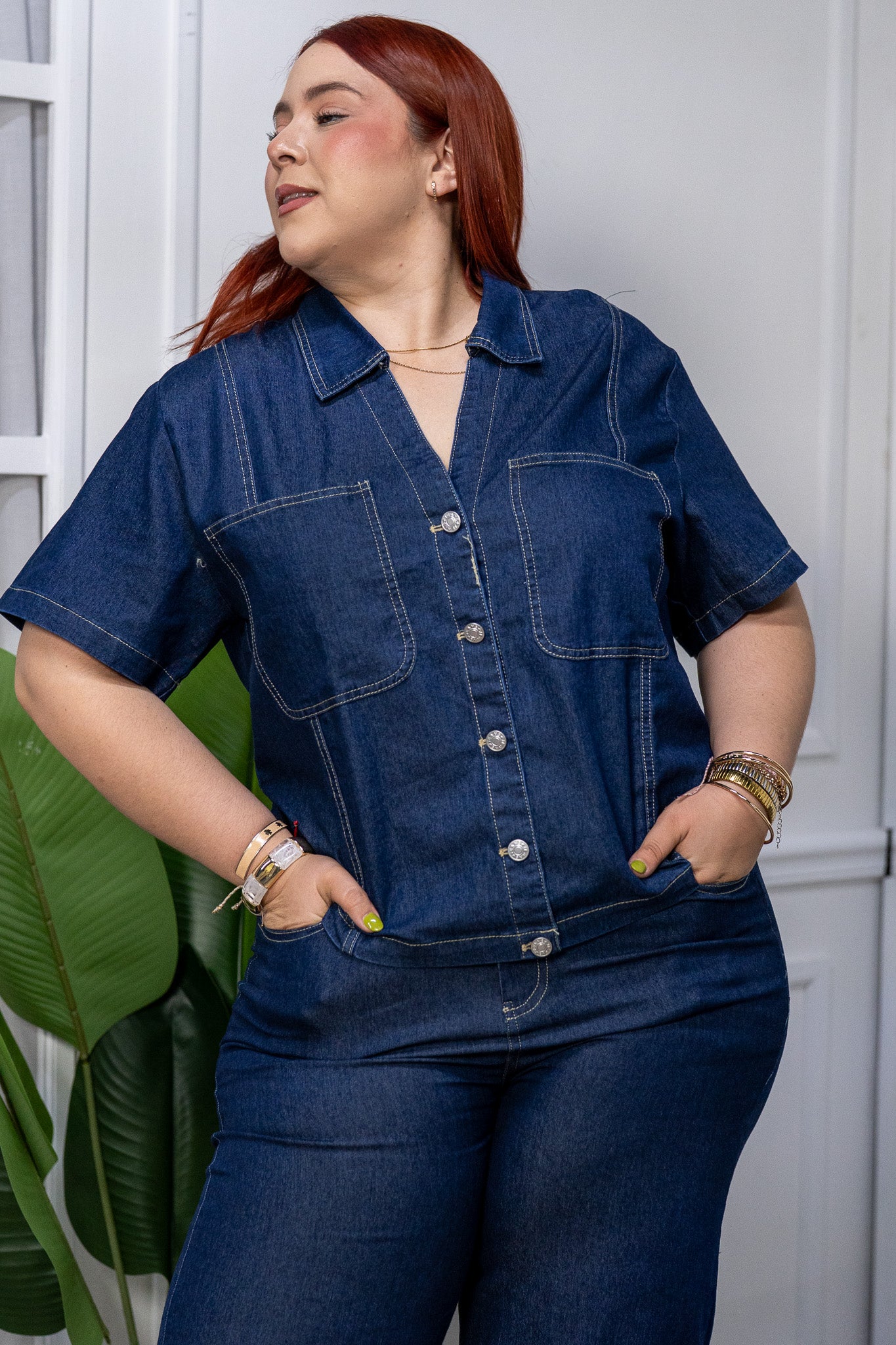 Conjunto Curvy Denim 2 Piezas Pantalón y Blusa Mezclilla Suave
