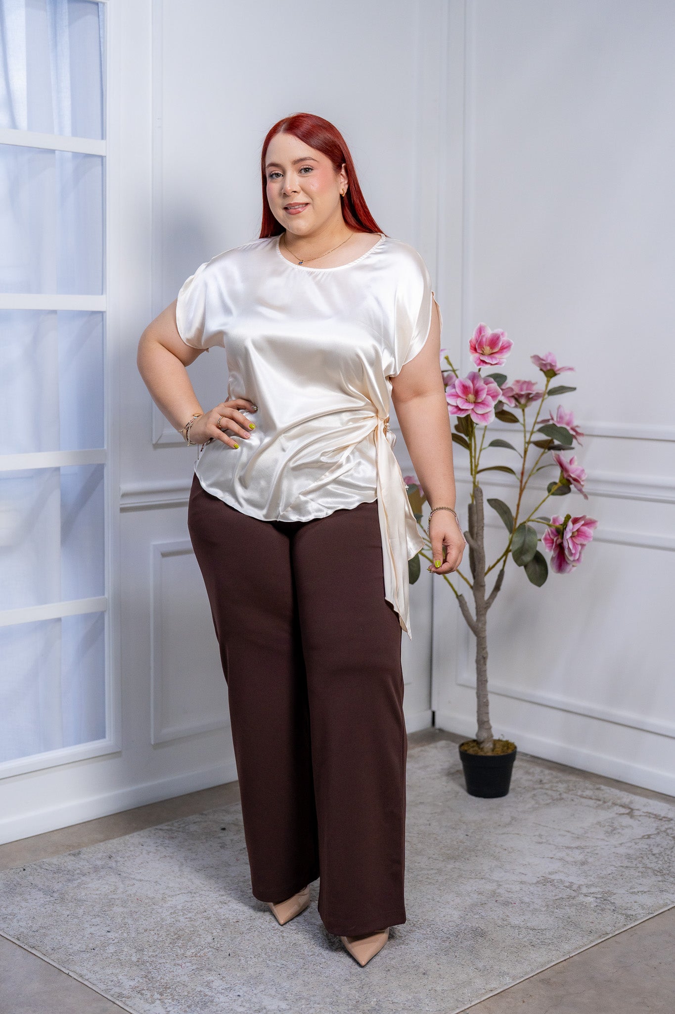 Pantalón de Vestir Curvy Chocolate Recto | Tiro Alto Estilizador