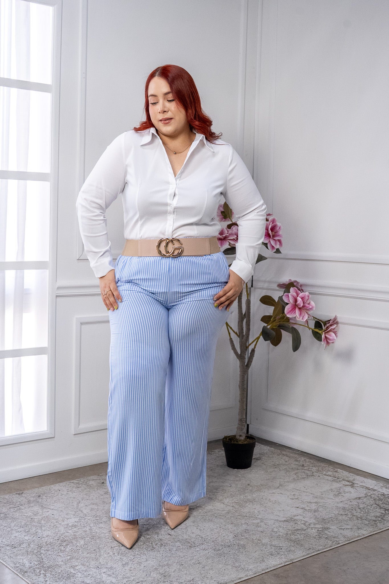 Pantalón Casual Curvy Azul de Rayas con Elástico en Cintura