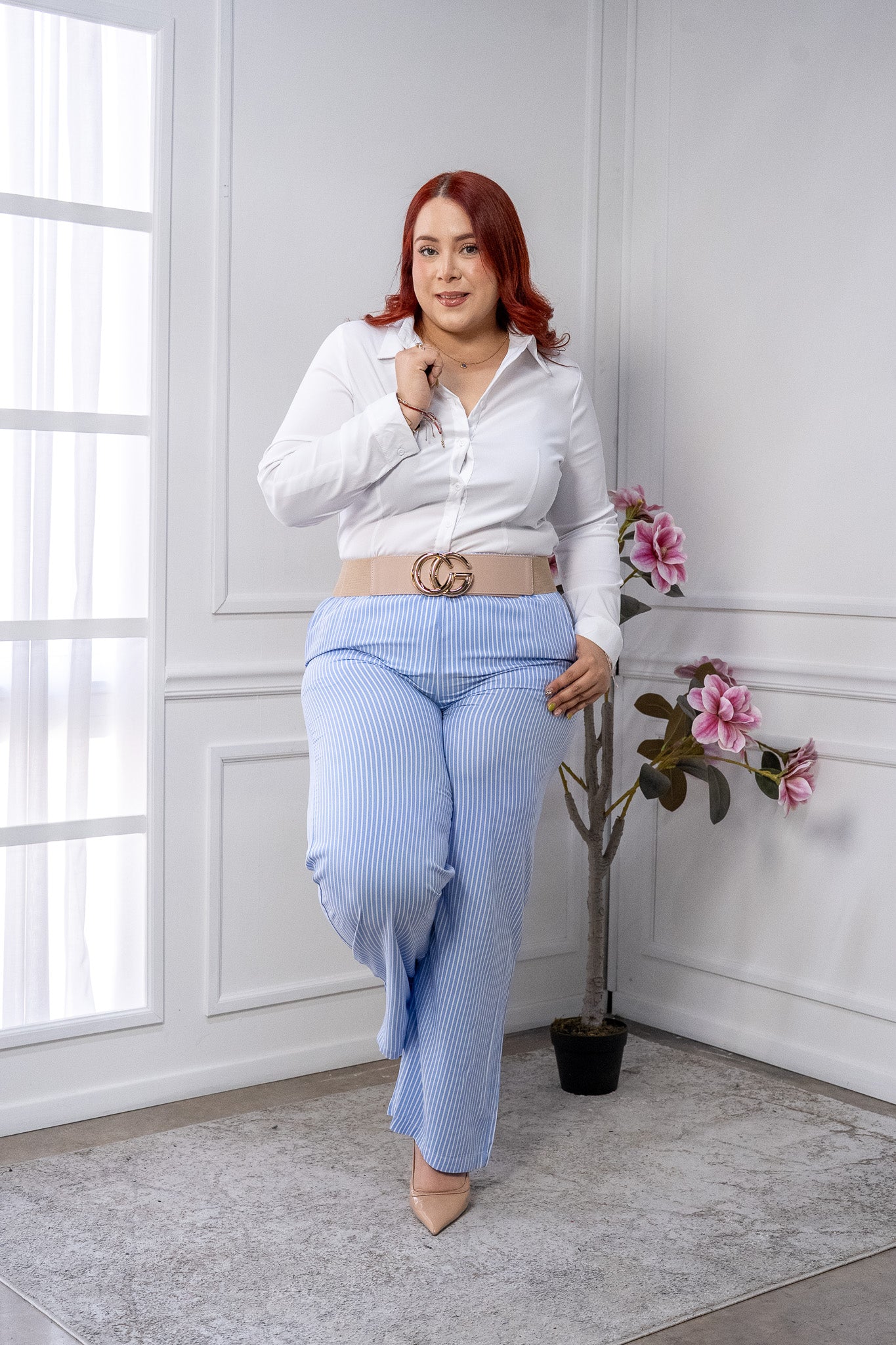Pantalón Casual Curvy Azul de Rayas con Elástico en Cintura