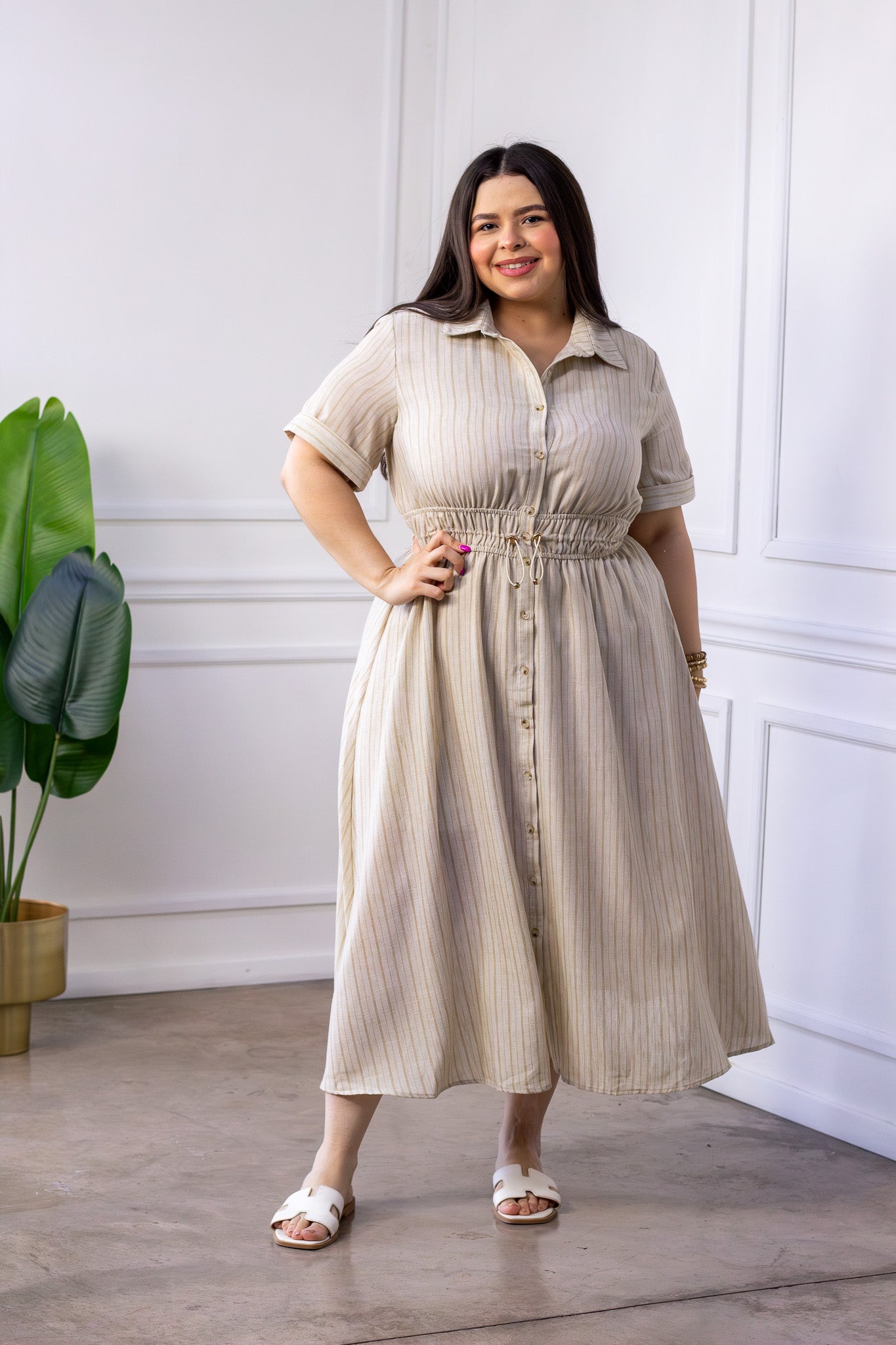 Vestido Curvy Camisero Beige Rayas Midi Jareta Ajustable