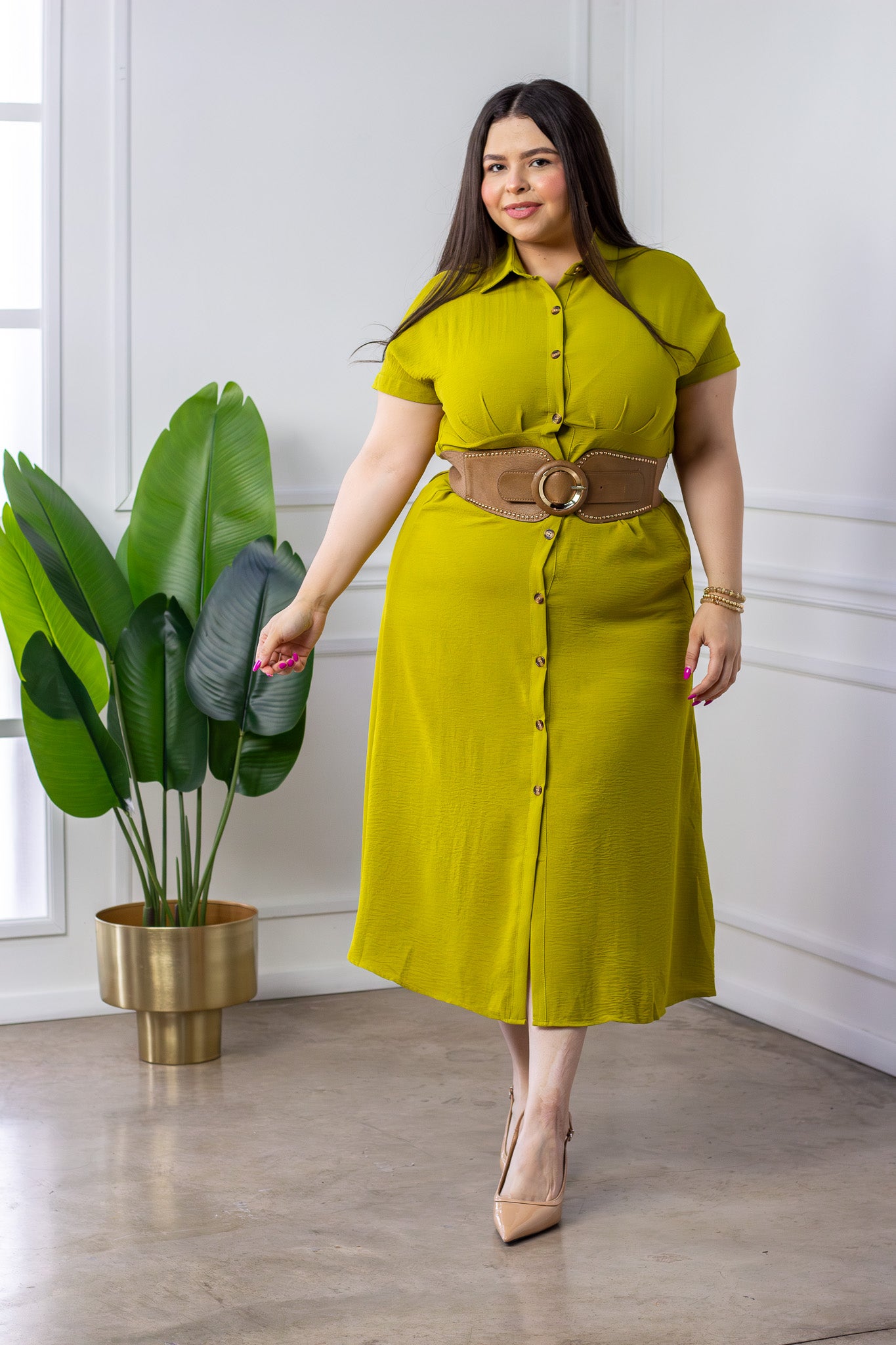 Vestido Curvy Camisero Midi Verde Olivo Crepé Lazo