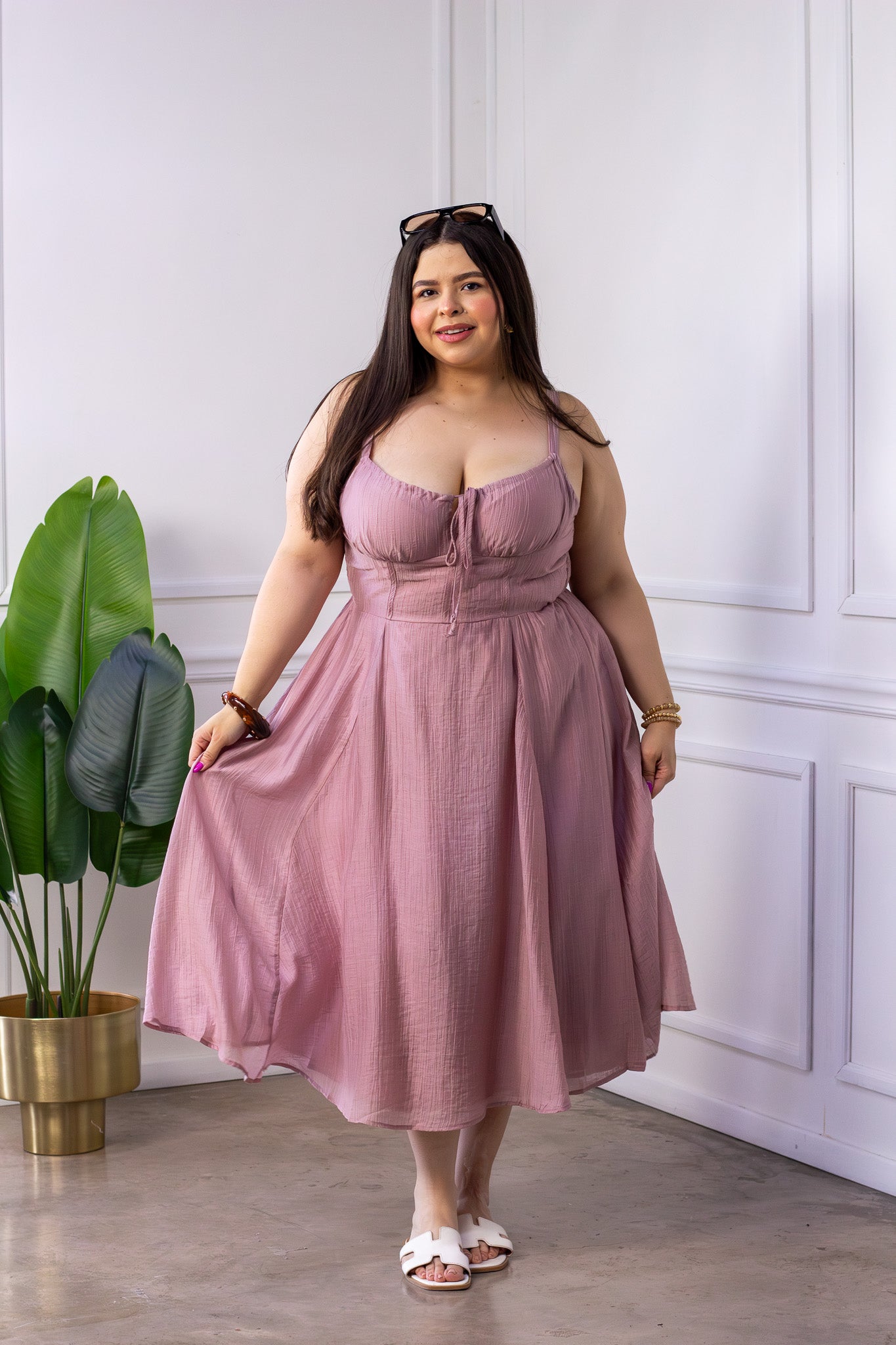 Vestido Curvy Midi Rosa Palo Tirantes Lazo Frente