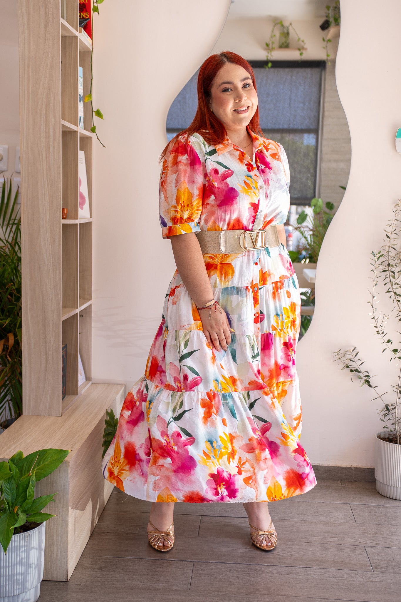 Vestido Midi Camisero Curvy Floral Acuarela Tropical Blanco
