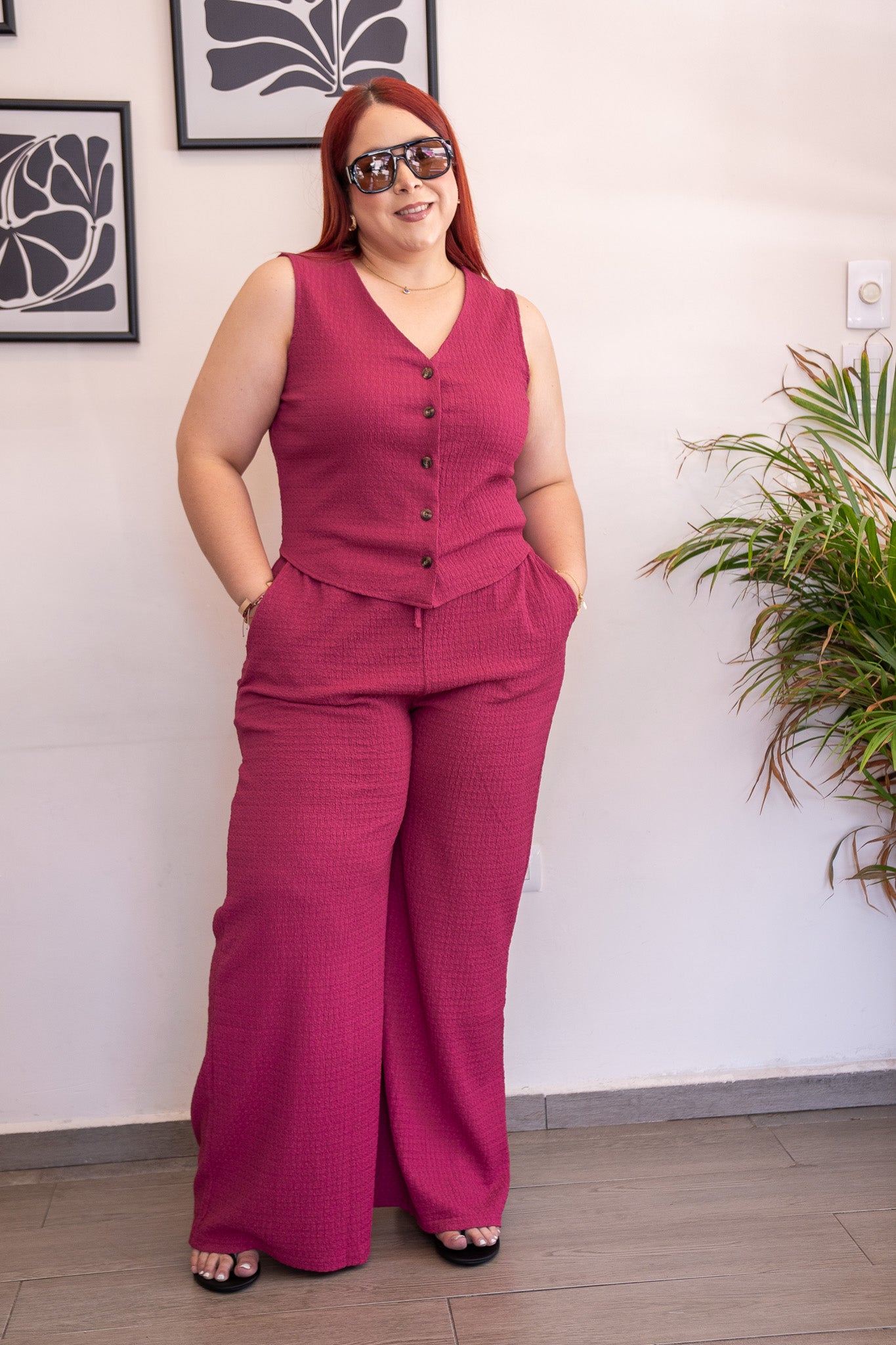 Set Curvy Pantalón y Chaleco Tejido Canalado Magenta
