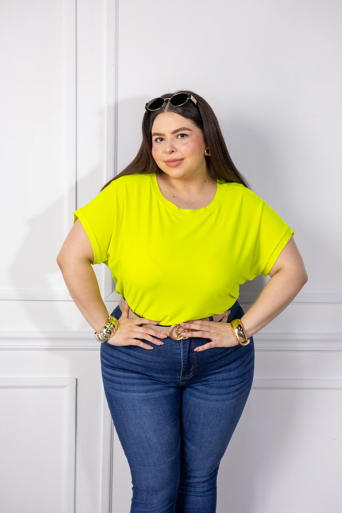 Blusa Curvy Licra Cuello Redondo Manga Corta Amarillo Limón