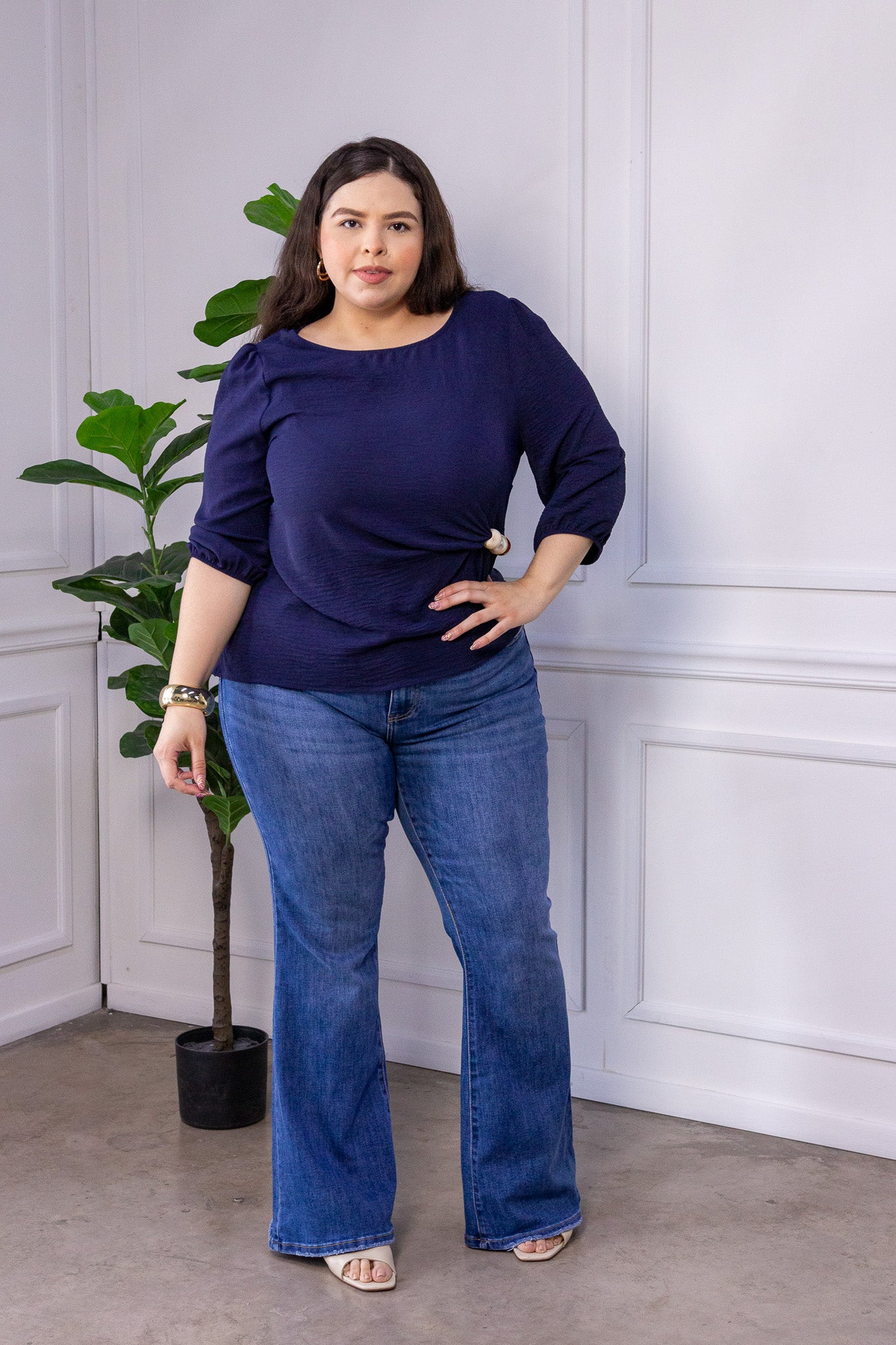 Jeans Curvy Bell Bottom Campana Deslavado Cintura Alta Azul