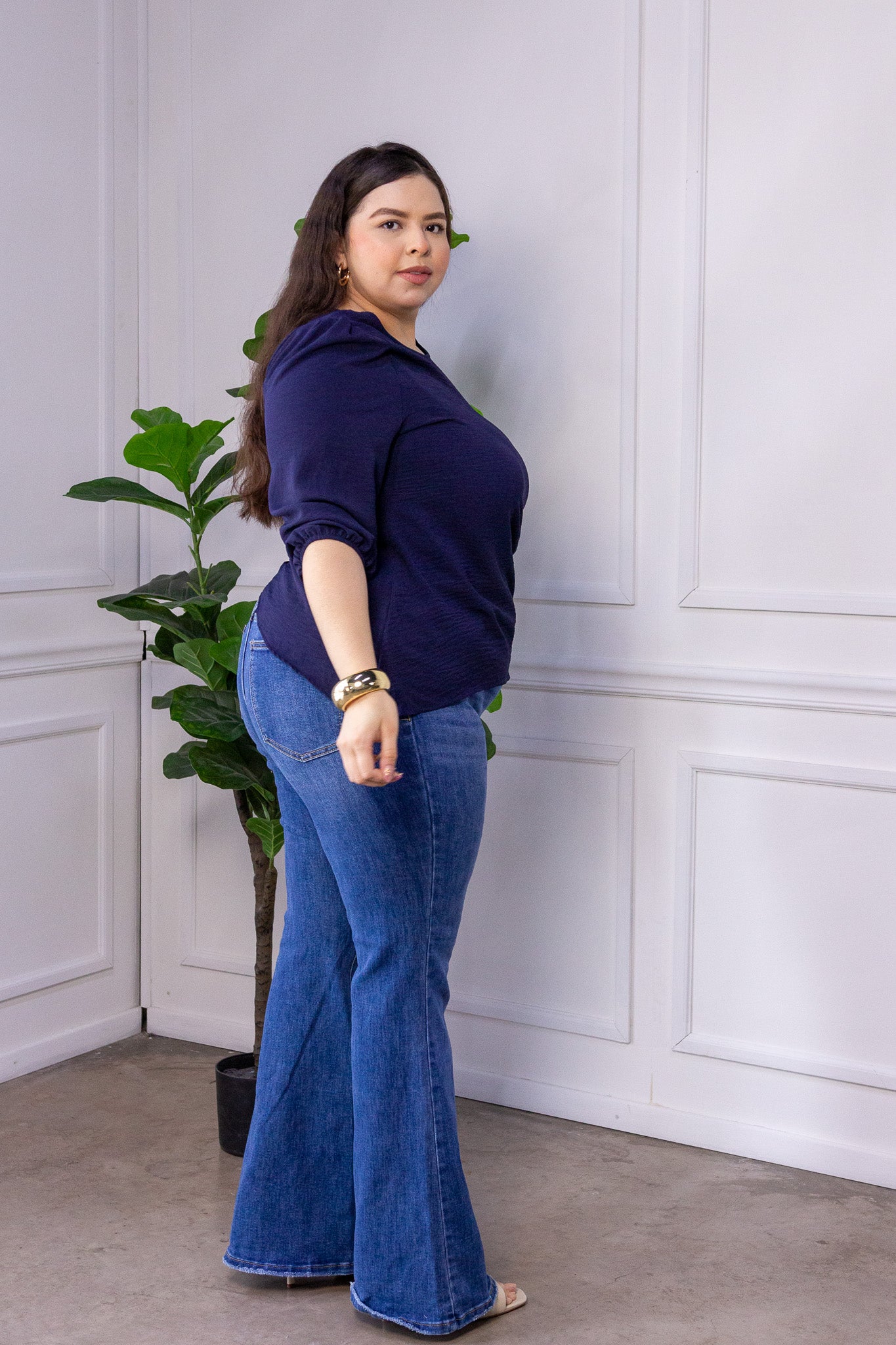 Jeans Curvy Bell Bottom Campana Deslavado Cintura Alta Azul